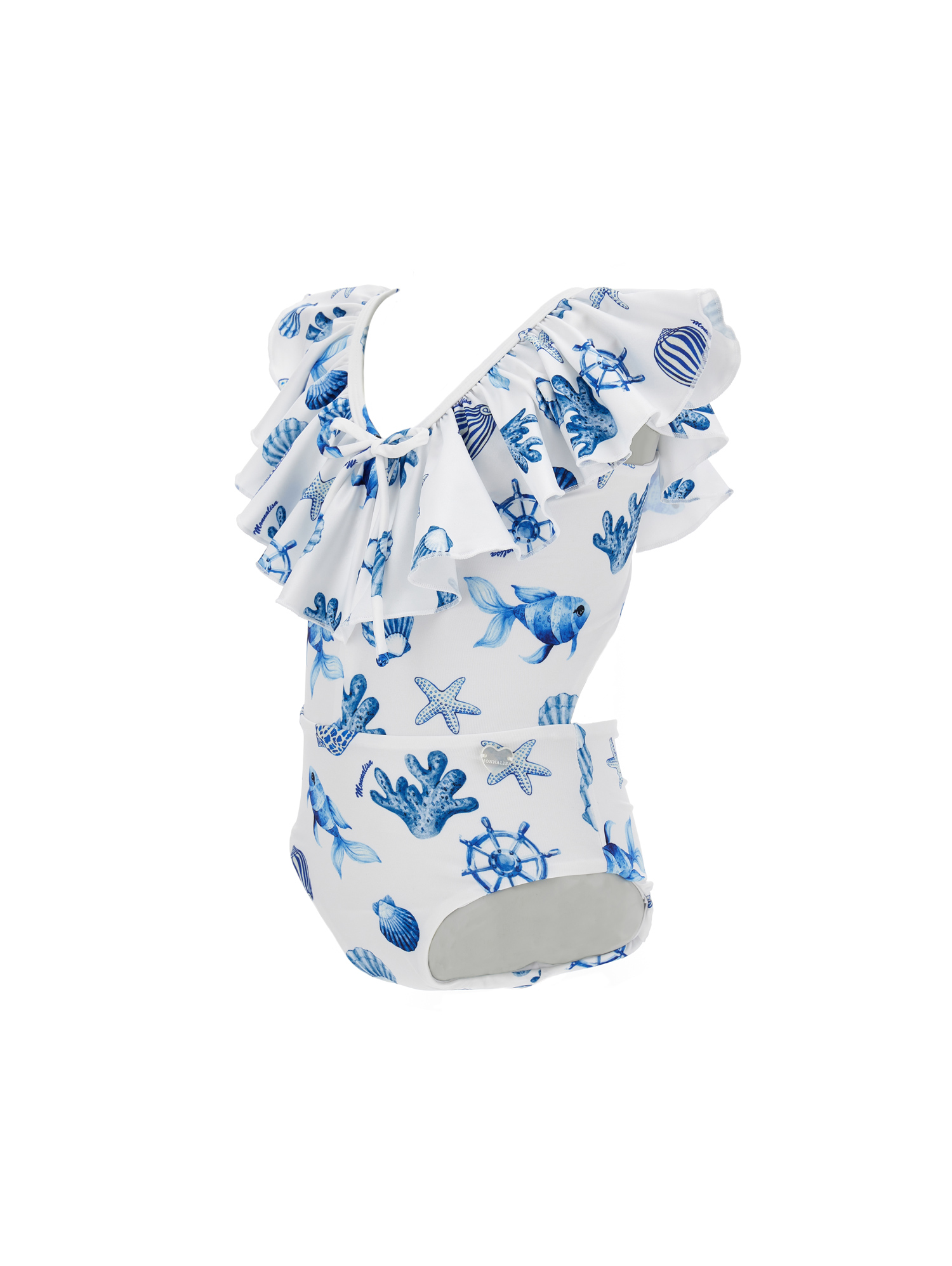 Monnalisa Marine Stretch Swimsuit In White + Blue