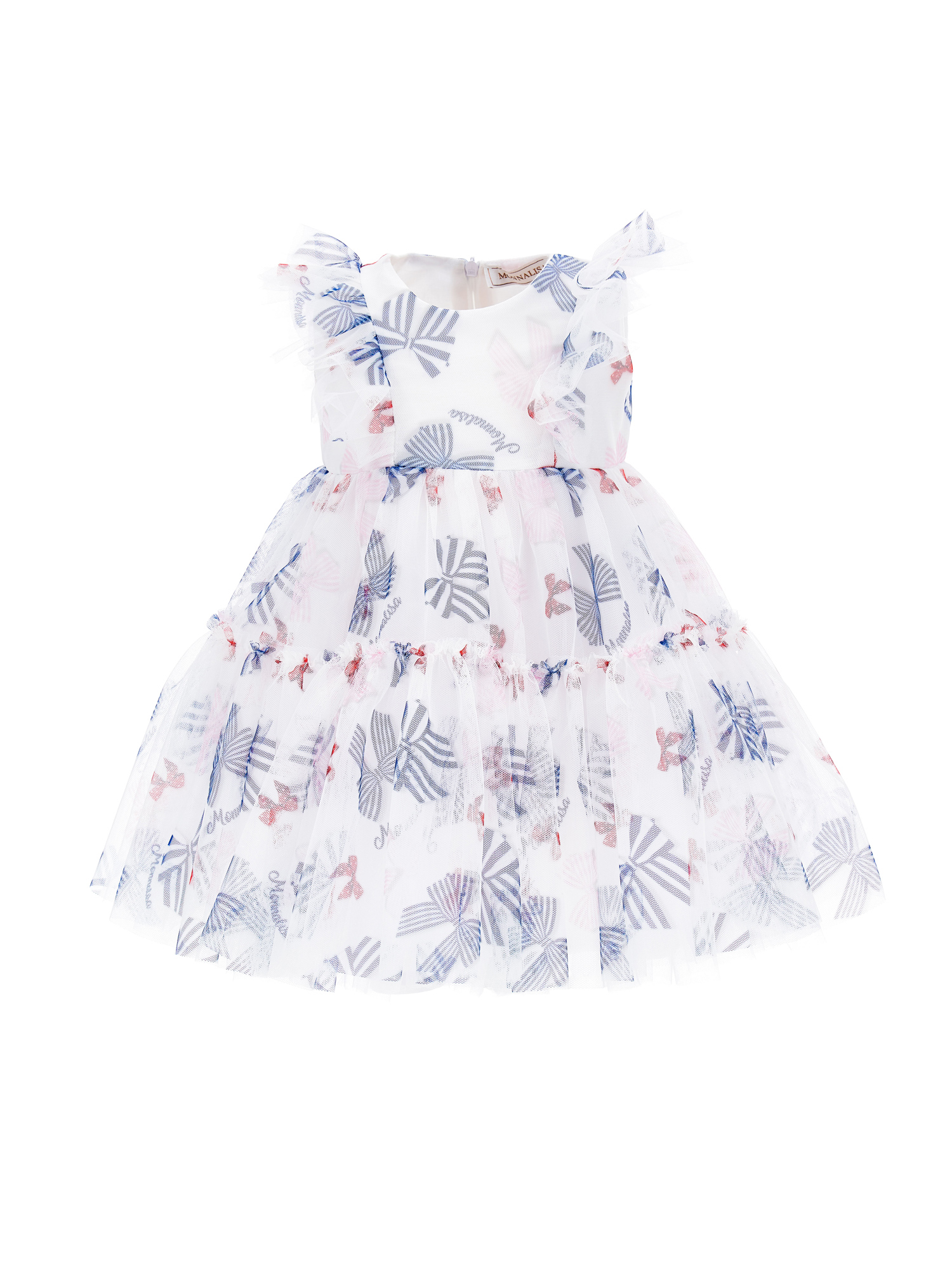 Monnalisa Kids'   Tulle Dress With Bow Print In White + Blue