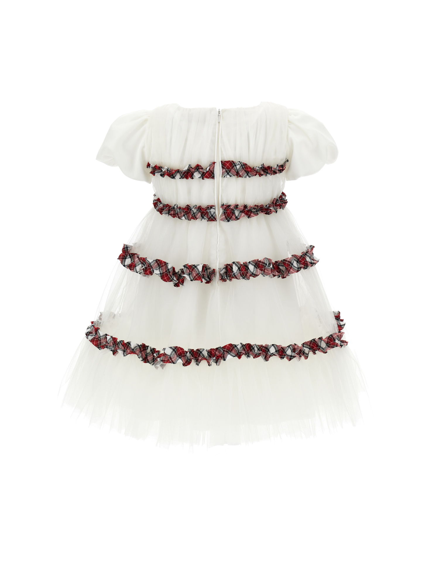 Monnalisa Tartan Pleated Tulle Dress With Ruffles In Cream + Ruby Red
