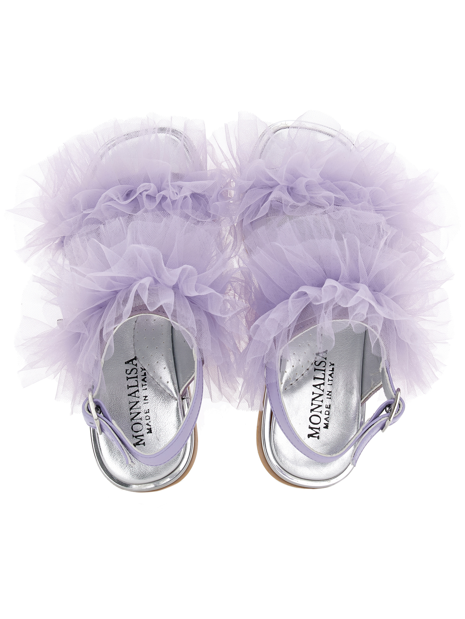 Shop Monnalisa Nappa Leather Sandals With Tulle Ruffles In Wisteria