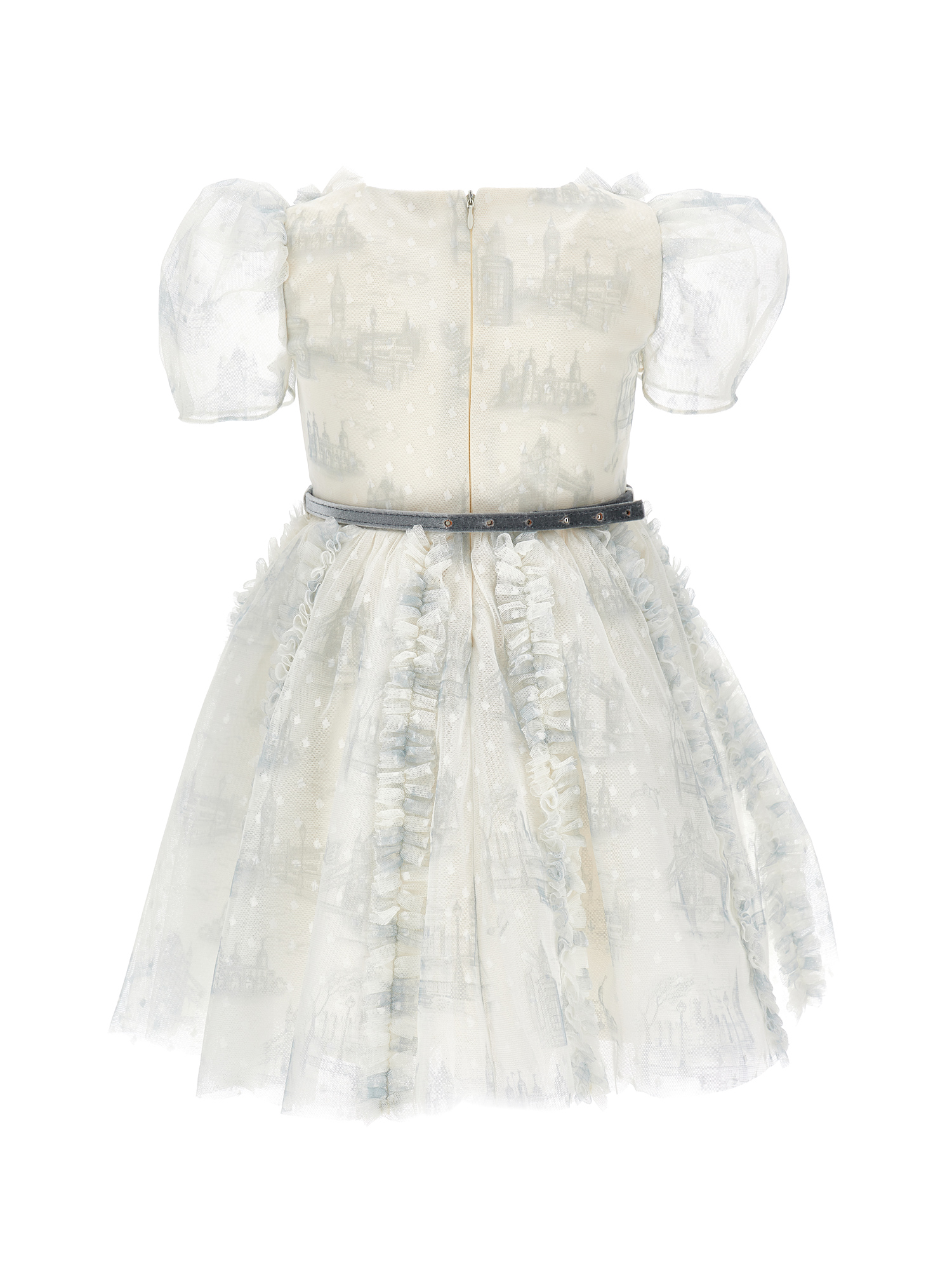 Monnalisa Tulle Dress With Ruffles And Polka Dots In Grey + Beige