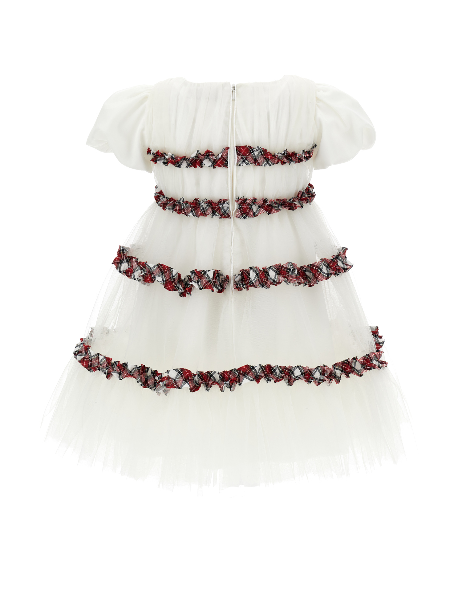 Monnalisa Tartan Pleated Tulle Dress With Ruffles In Cream + Ruby Red