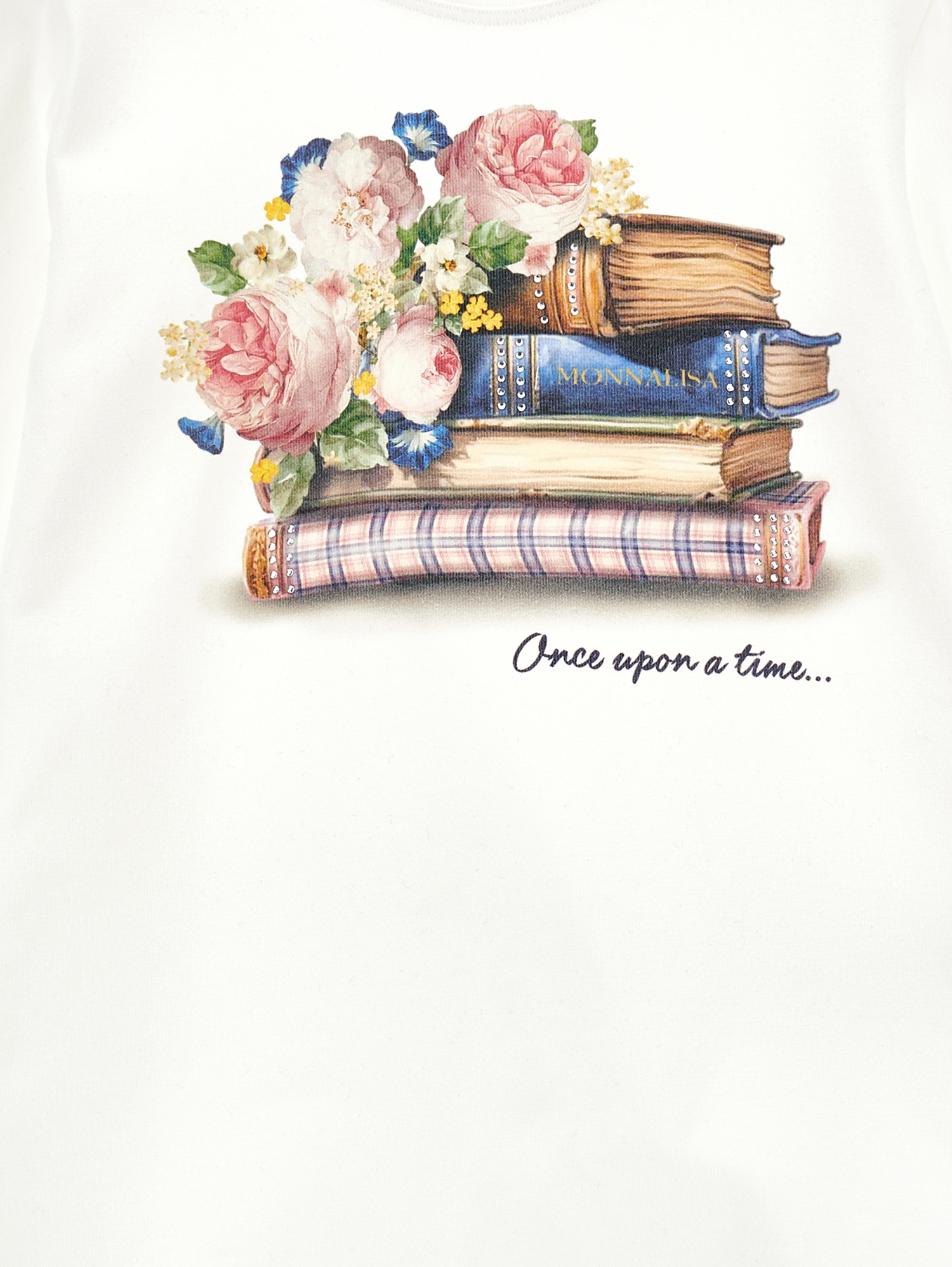 Monnalisa Cotton T-shirt With Book Print In Cream