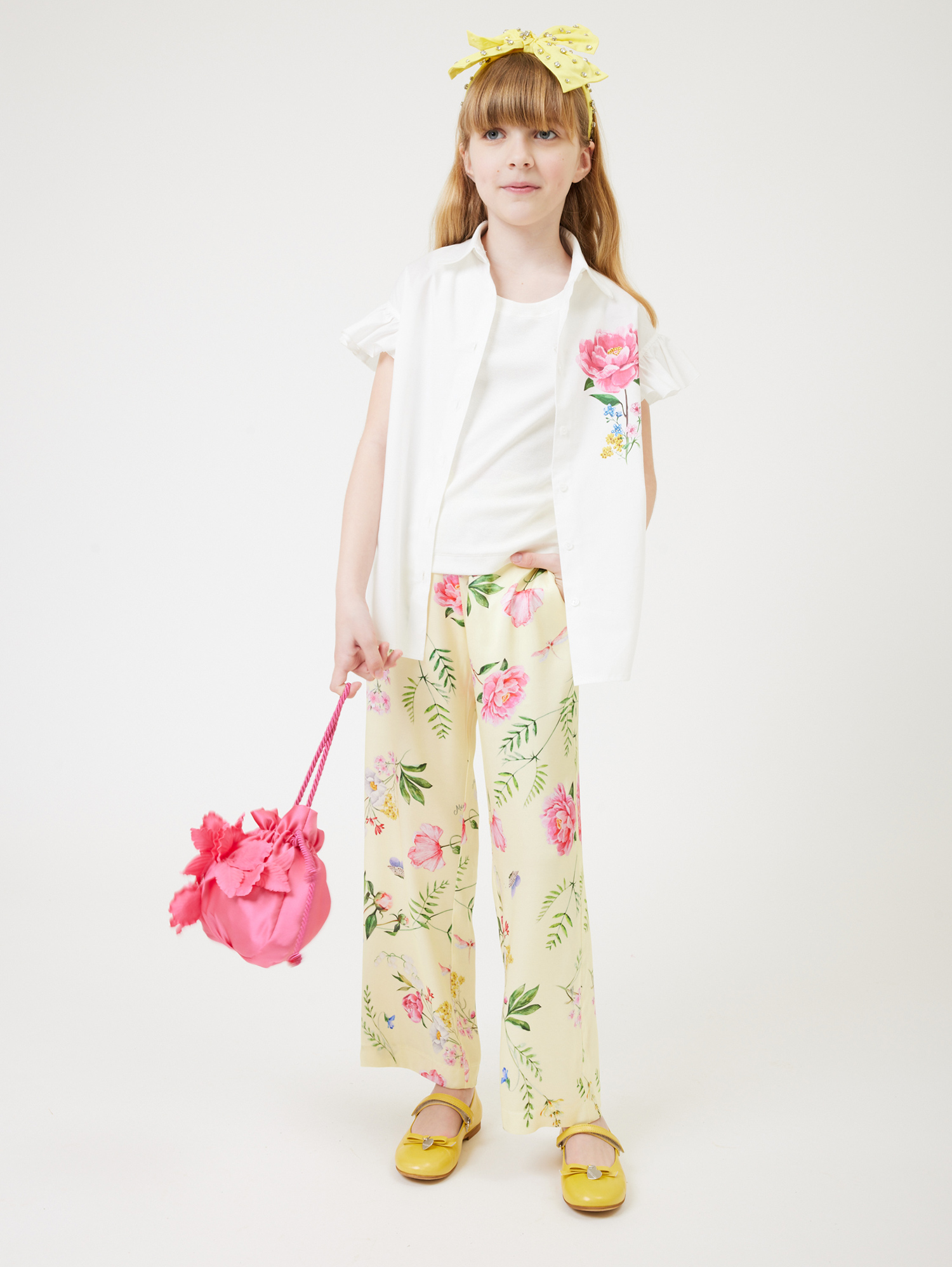 Monnalisa Botanical Satin Trousers In Light Yellow + Multicolour