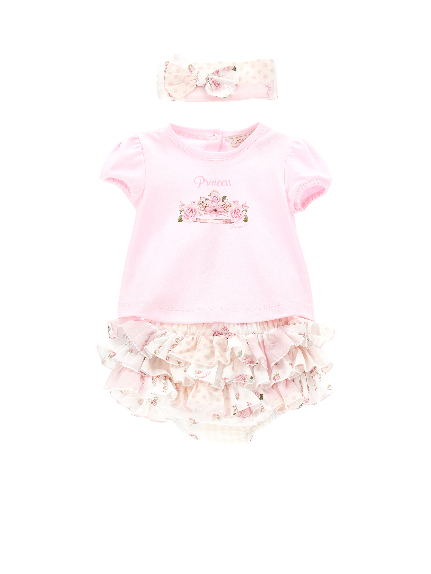 Monnalisa Three-piece Cotton Baby Girl Set In Pink + White