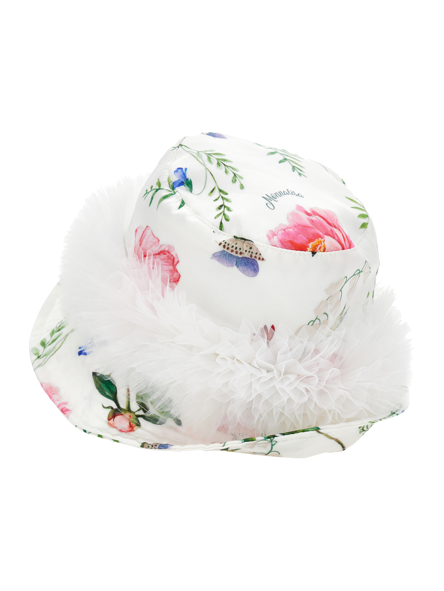 Monnalisa Satin Hat With Ruffles In Cream + Multicolor