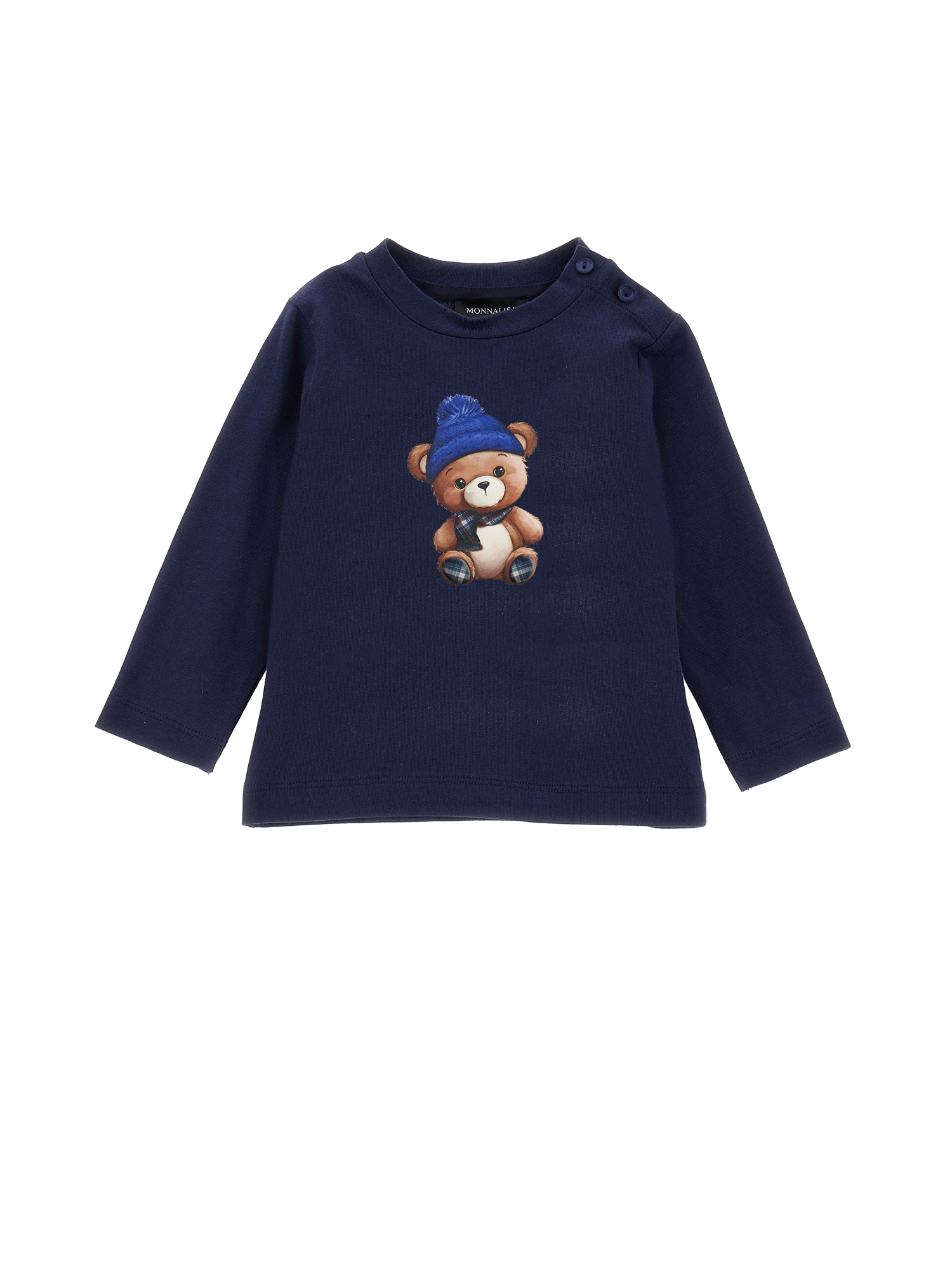 Monnalisa T-shirt With Teddy Bear On Front And Back In Dark Blue