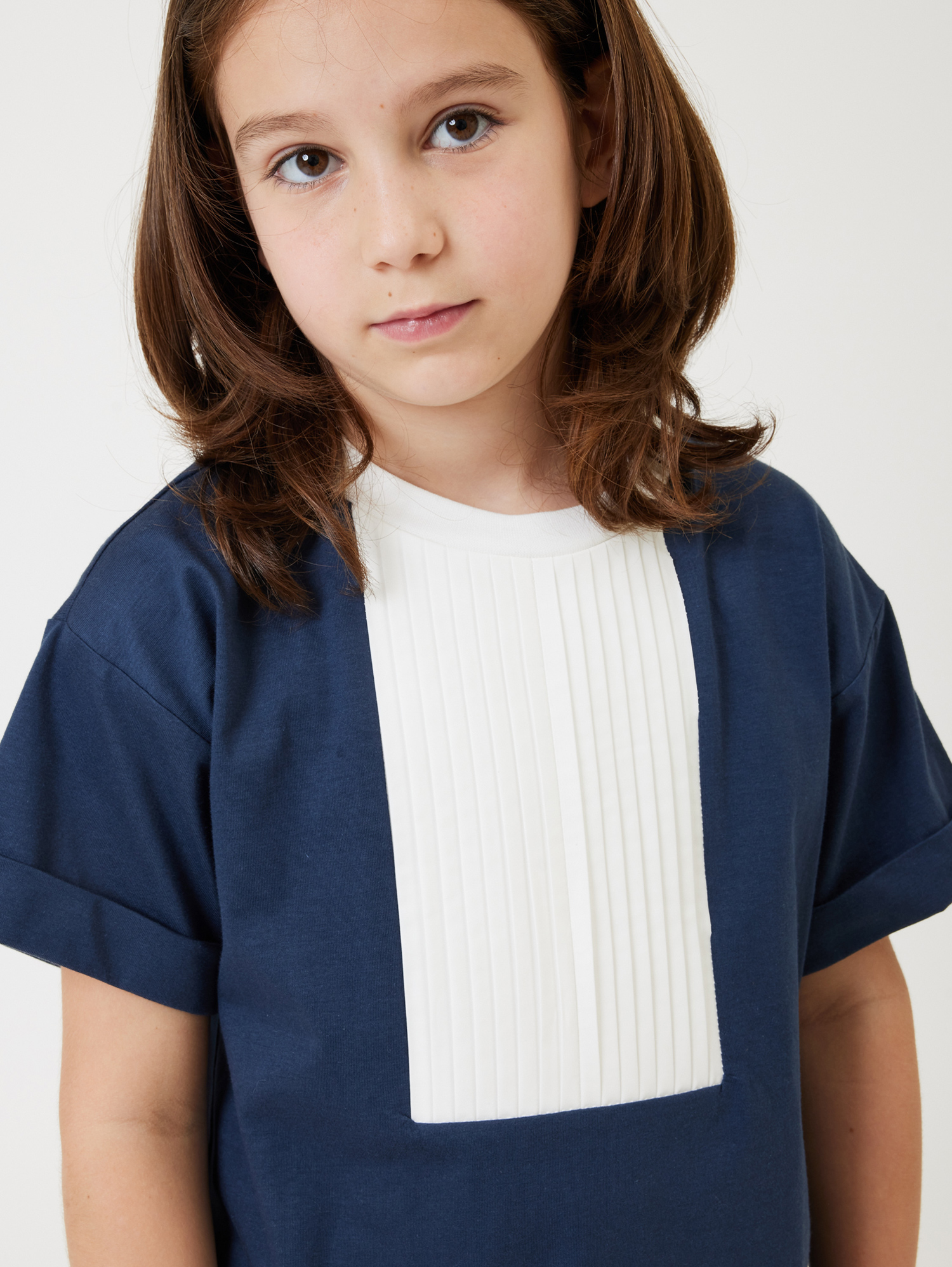 Monnalisa T-shirt With Plastron In Blue + Cream