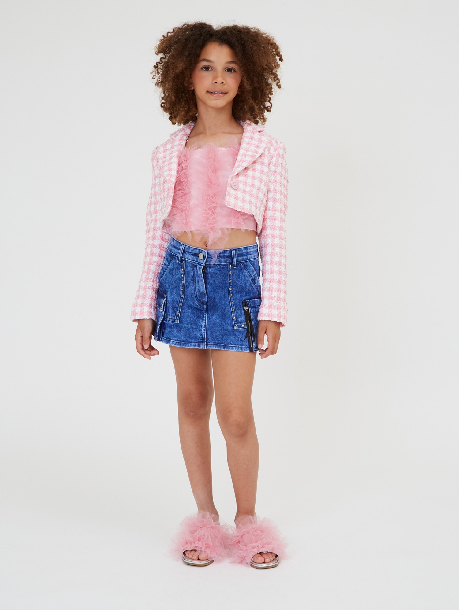 Monnalisa Cotton Top With Tulle Ruffles In Rosa Fairy Tale