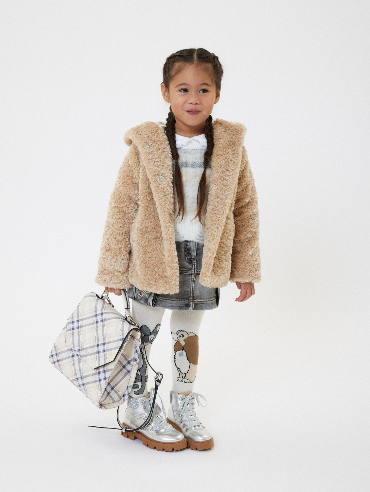 Monnalisa Plush Jacket With Hood In Beige