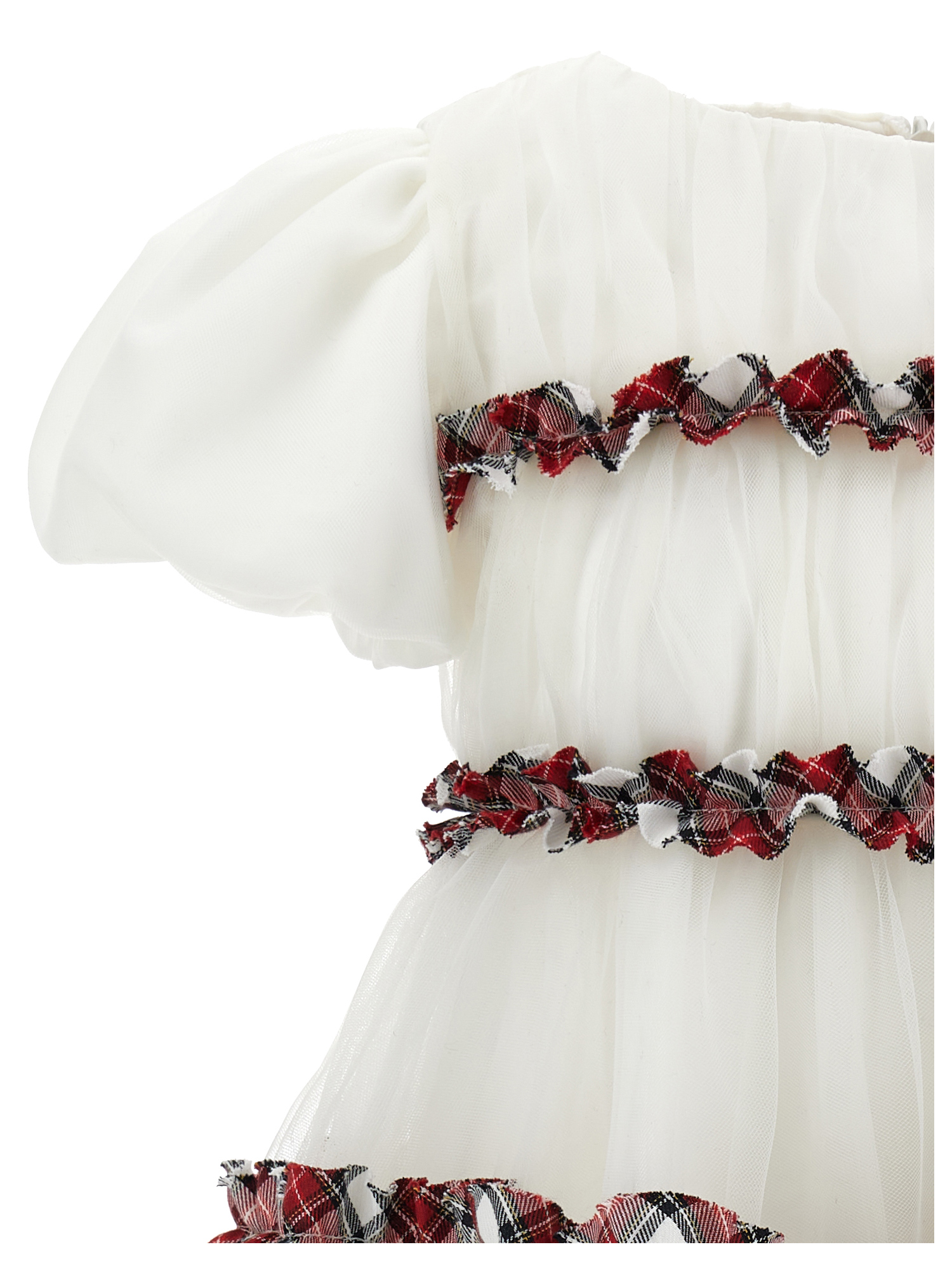 Monnalisa Tartan Pleated Tulle Dress With Ruffles In Cream + Ruby Red