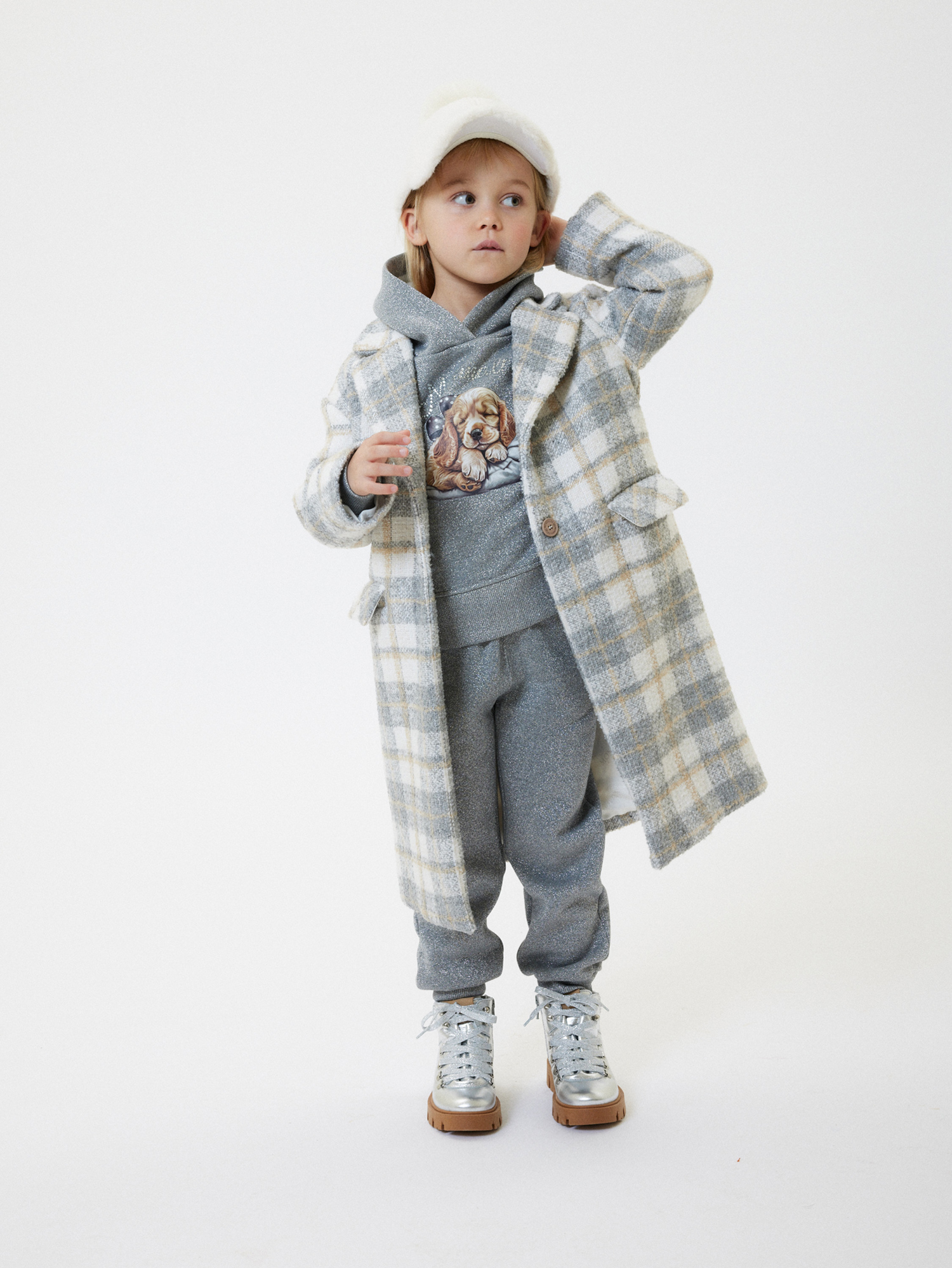 Monnalisa Single-breasted Plaid Coat In Cream + Grey