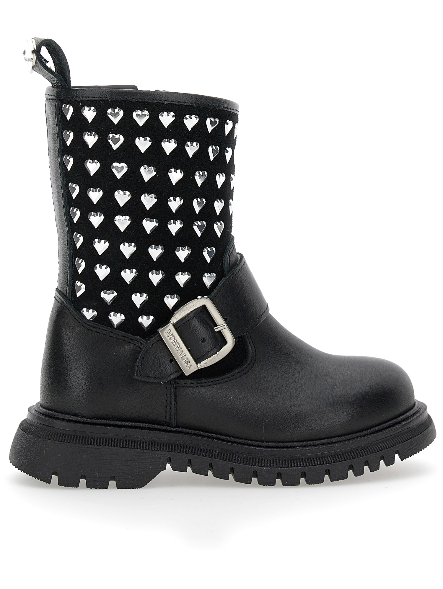 Monnalisa Leather Boots With Studs And Sheepskin In Black