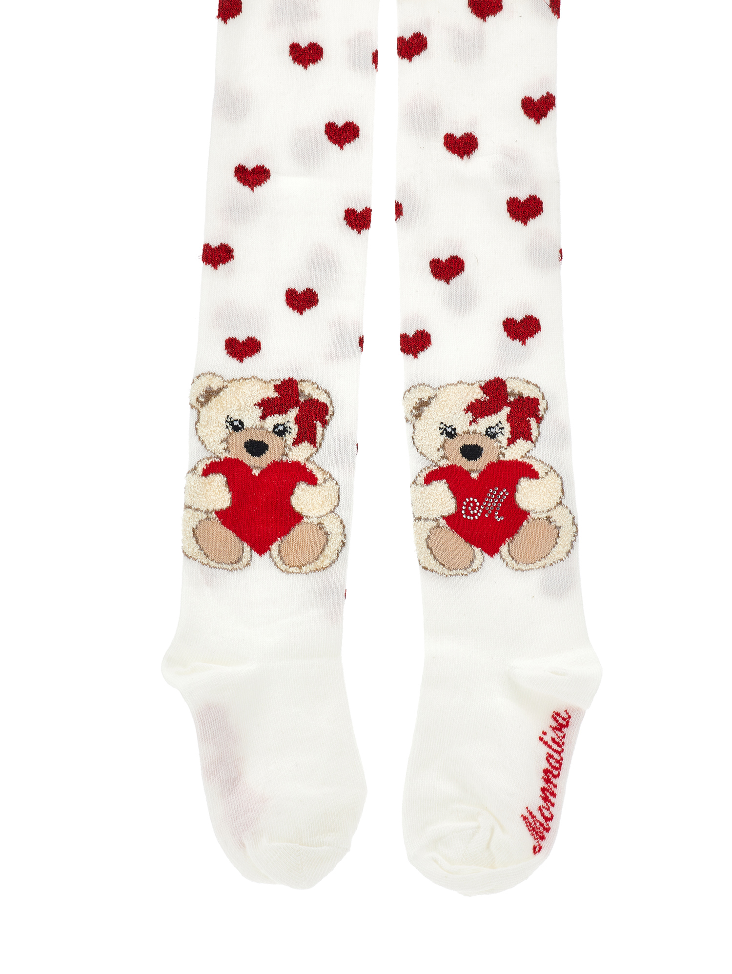 Monnalisa Warm Cotton Jacquard Tights In Cream + Ruby Red
