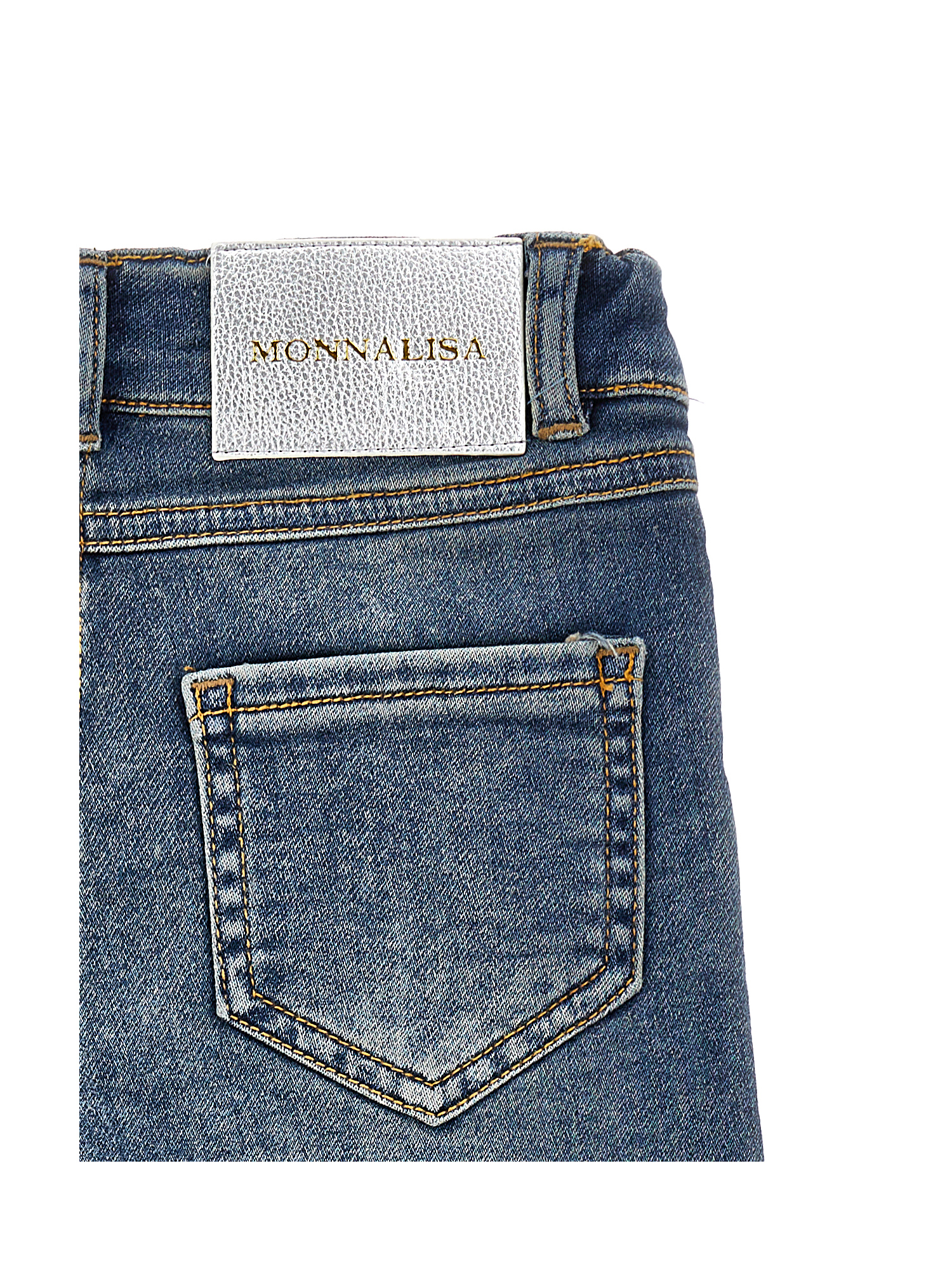 Monnalisa Embroidered Five-pocket Jeans In Denim Blue + Ecru