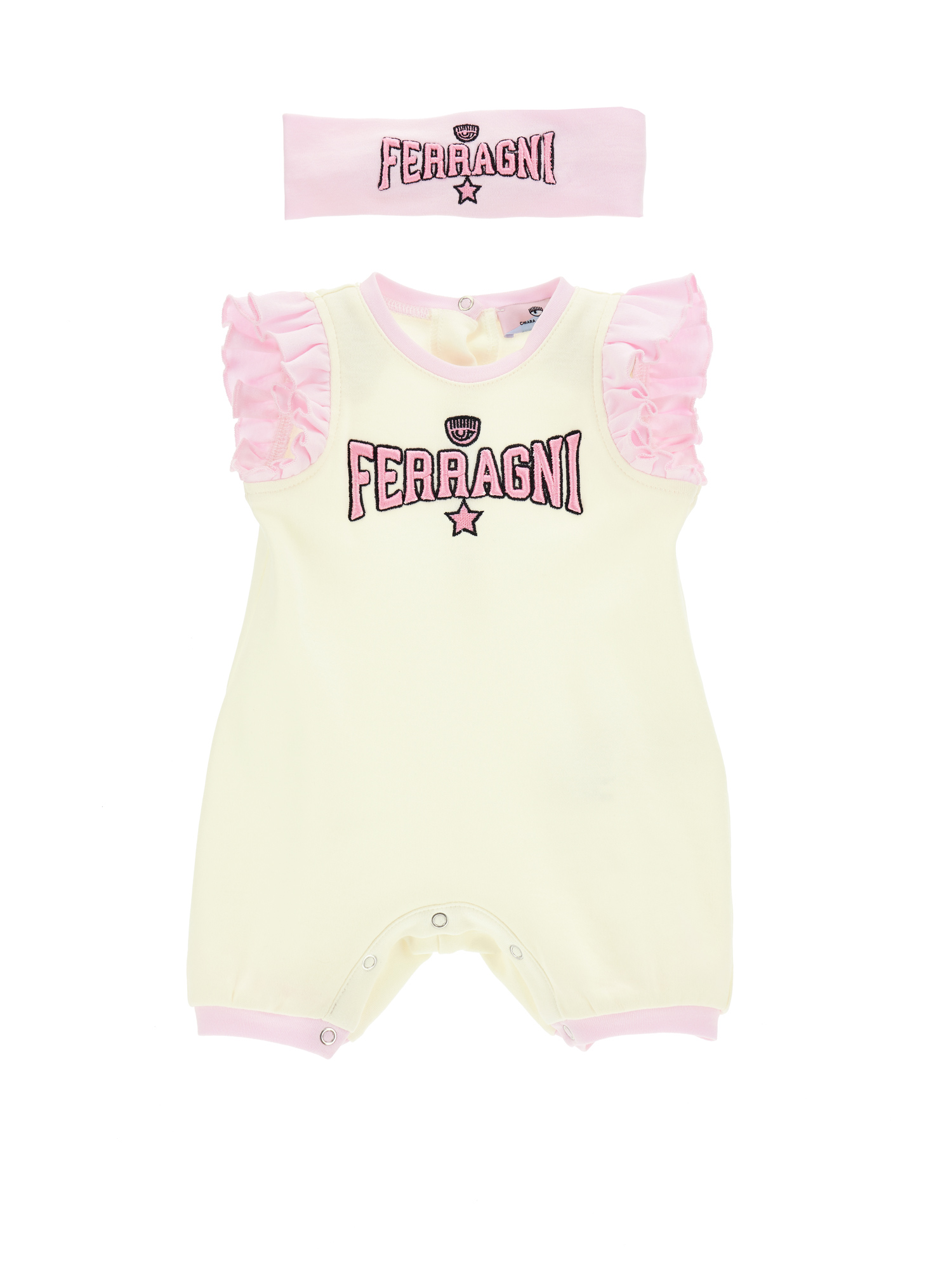 Chiara Ferragni Kids'   Two-tone Cotton Romper + Hairband In Gardenia + Fairy Tale Pink