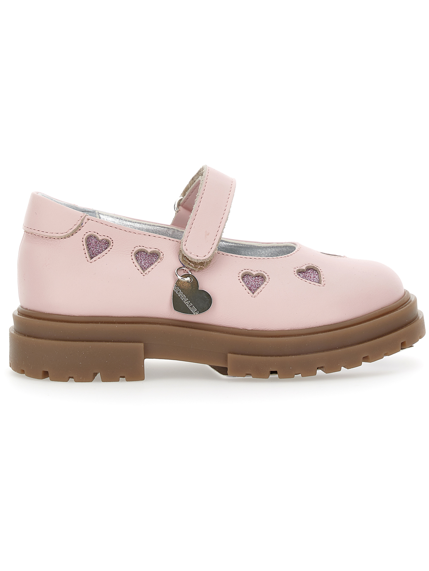 Monnalisa Kids'   Leather Ballet Flats With Glitter Hearts In Dusty Pink Rose