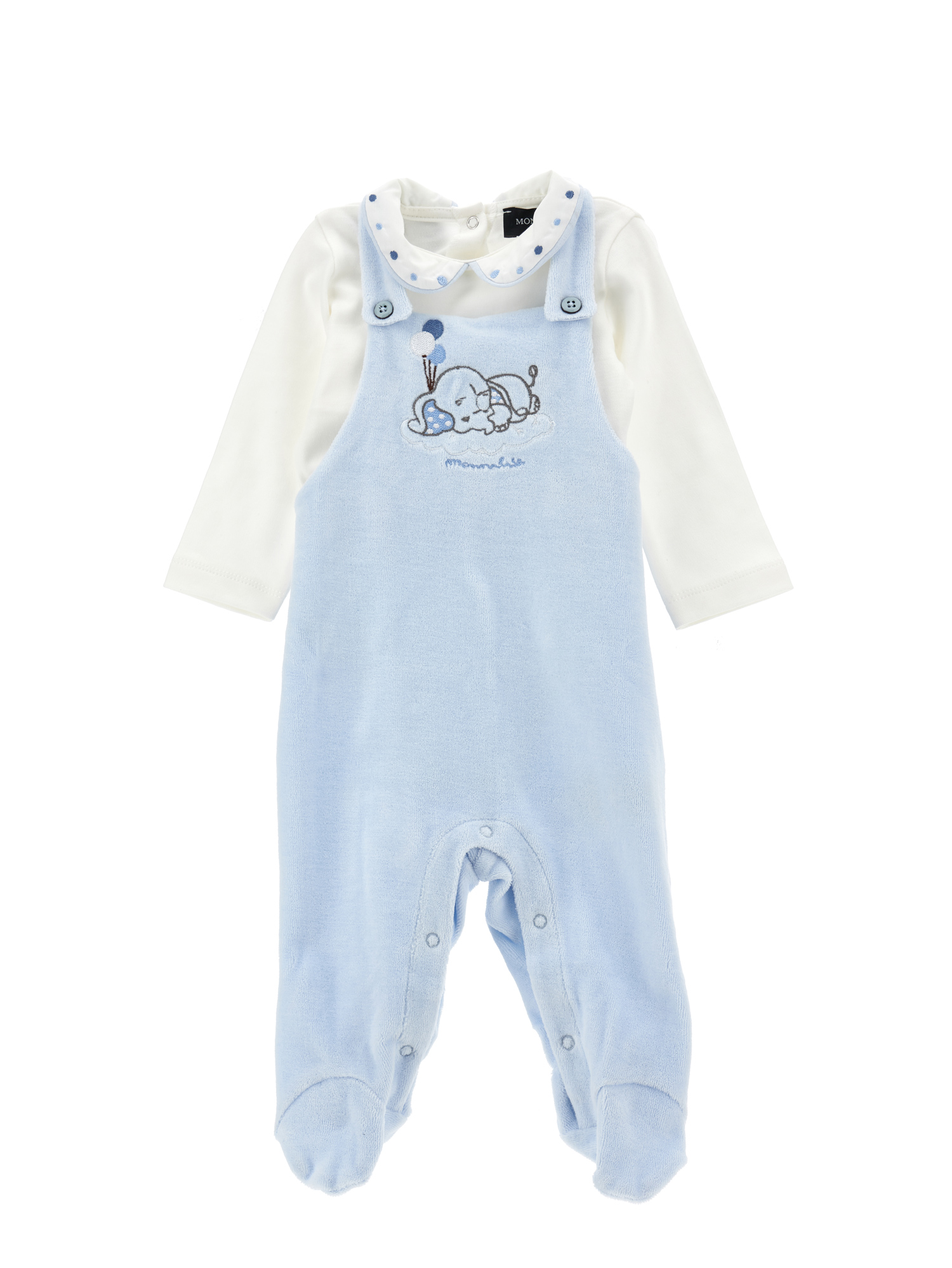 Monnalisa Cotton Chenille Dungarees Set In Cream White + Sky Blue