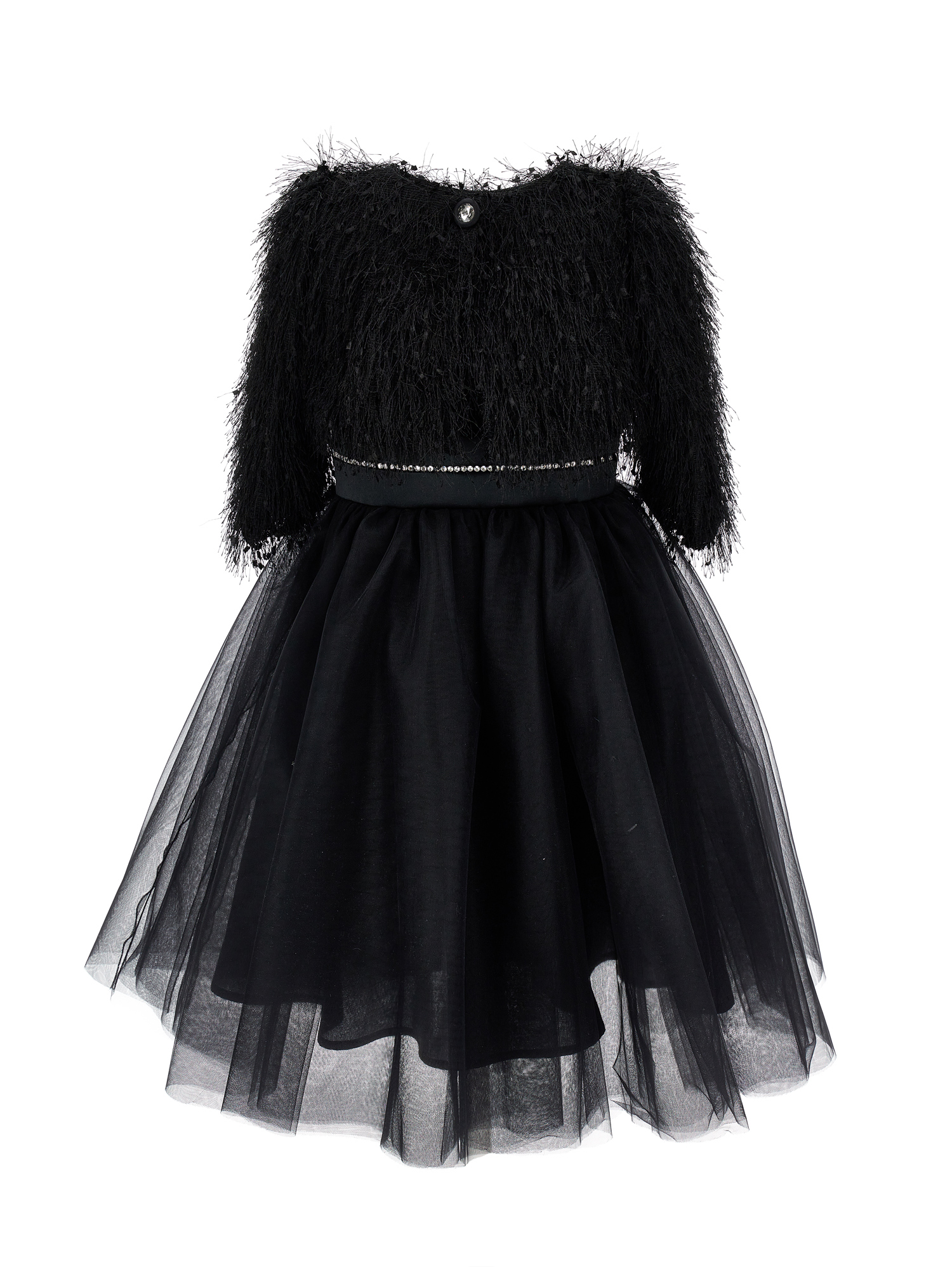 Monnalisa Silk-touch Tulle Dress With Fringing In Black