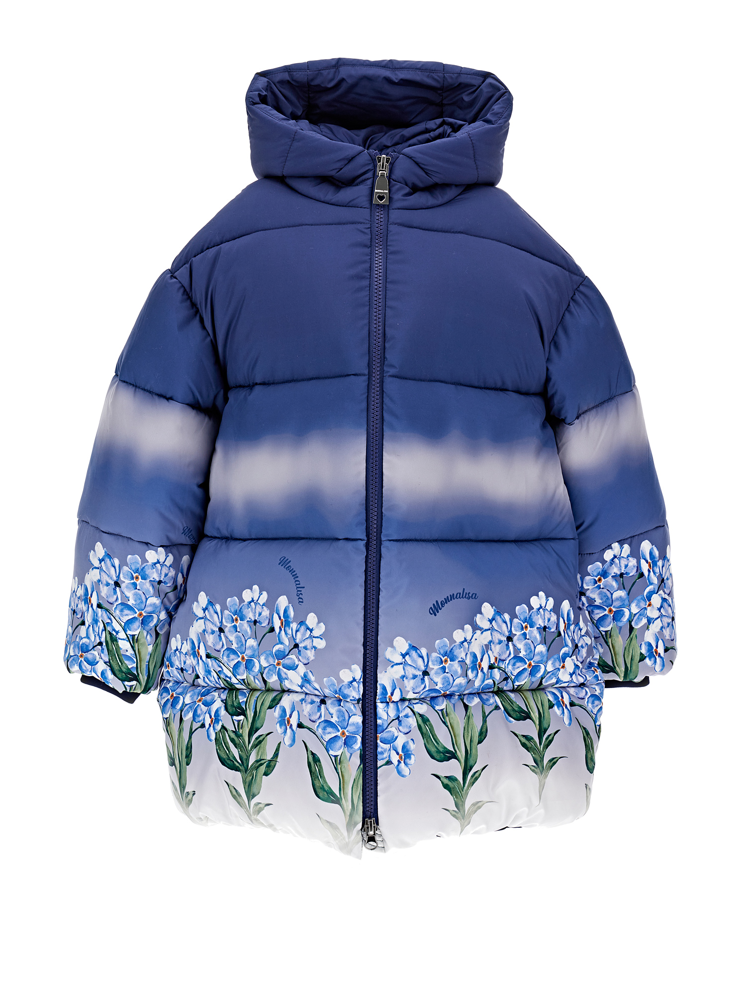 Monnalisa Graduated Down Coat With Flowers In Blue + Cream