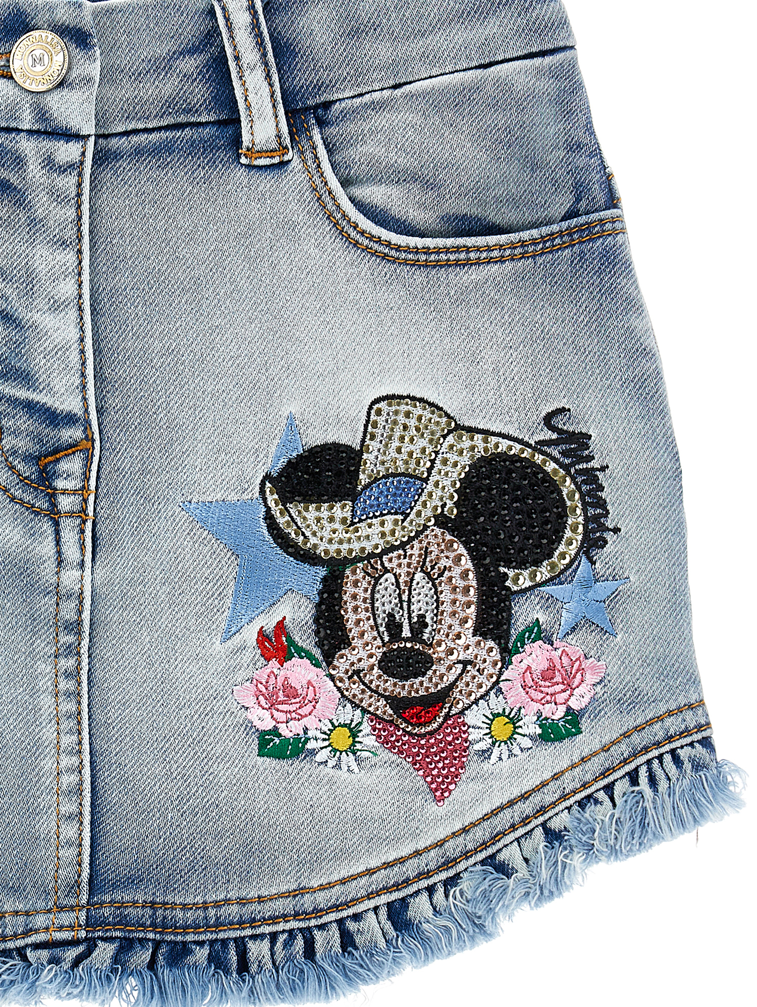Monnalisa Embroidered-design Denim Skirt In Blustone + Stonebleach
