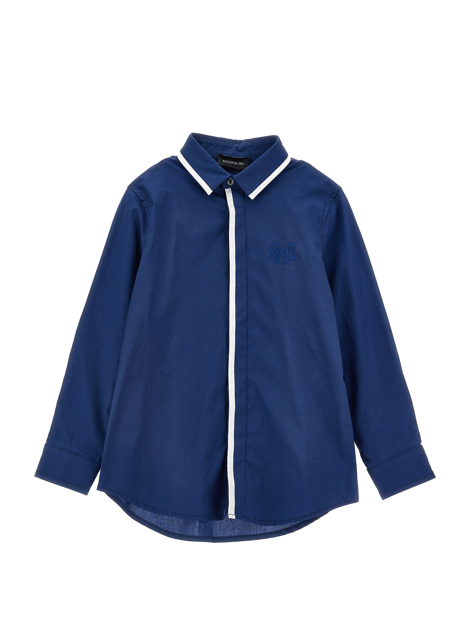 Monnalisa Stretch Poplin Shirt In Blue + Cream