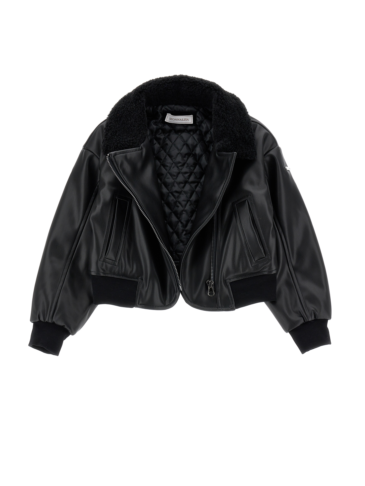 Monnalisa Coated Fabric Bomber Biker Jacket In Black