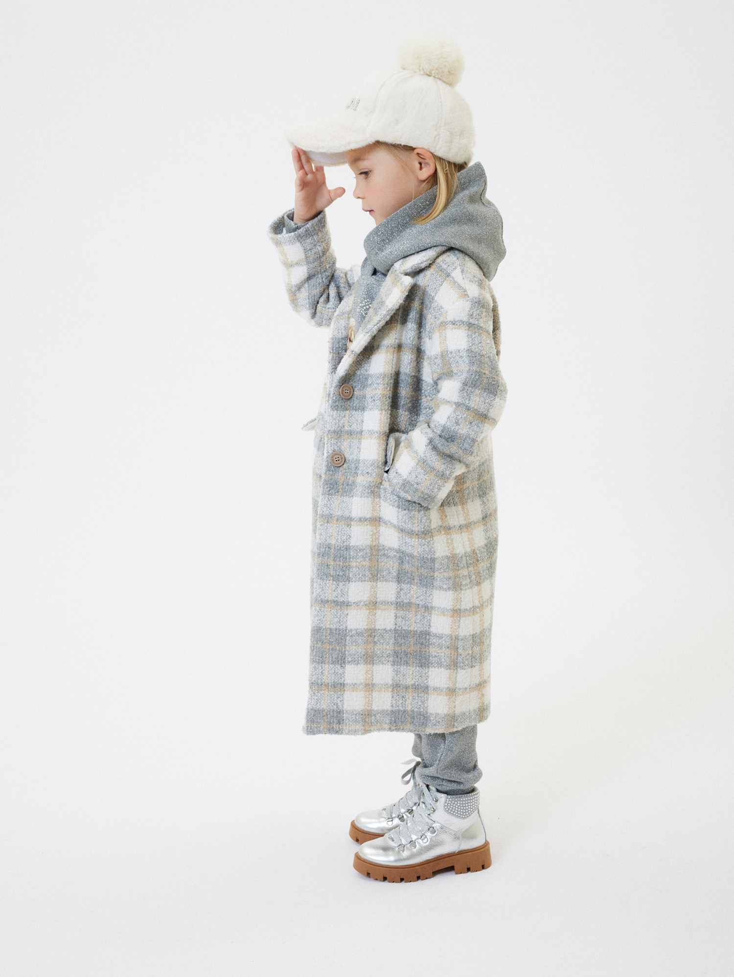 Monnalisa Single-breasted Plaid Coat In Cream + Grey