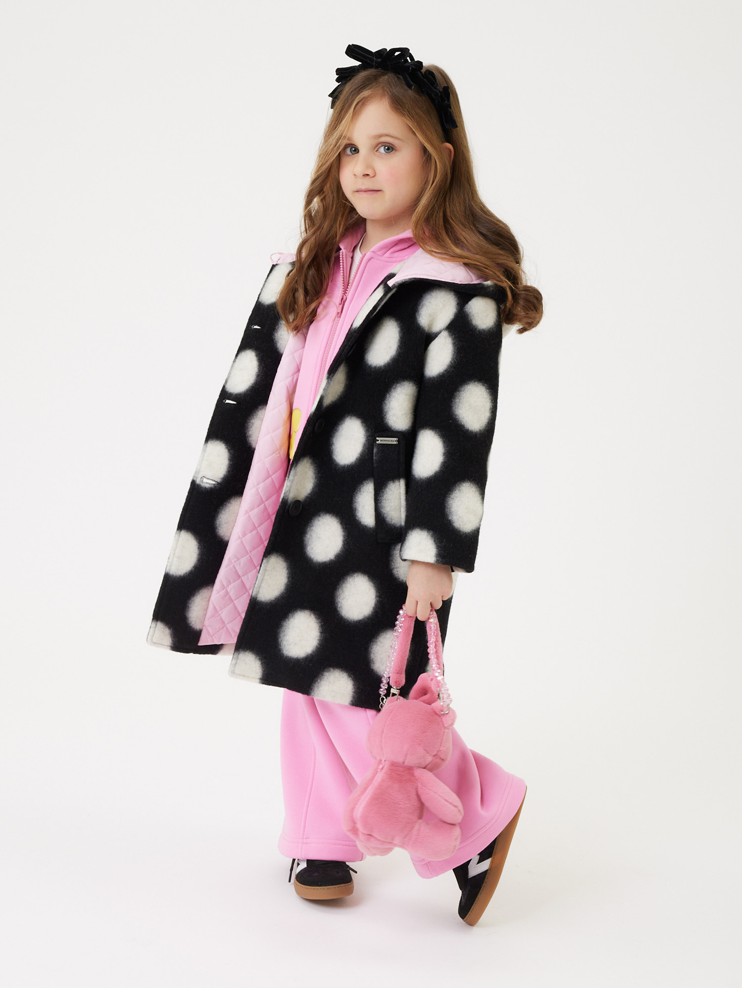 Monnalisa Polka Dot Boiled Wool Coat In Black + Cream