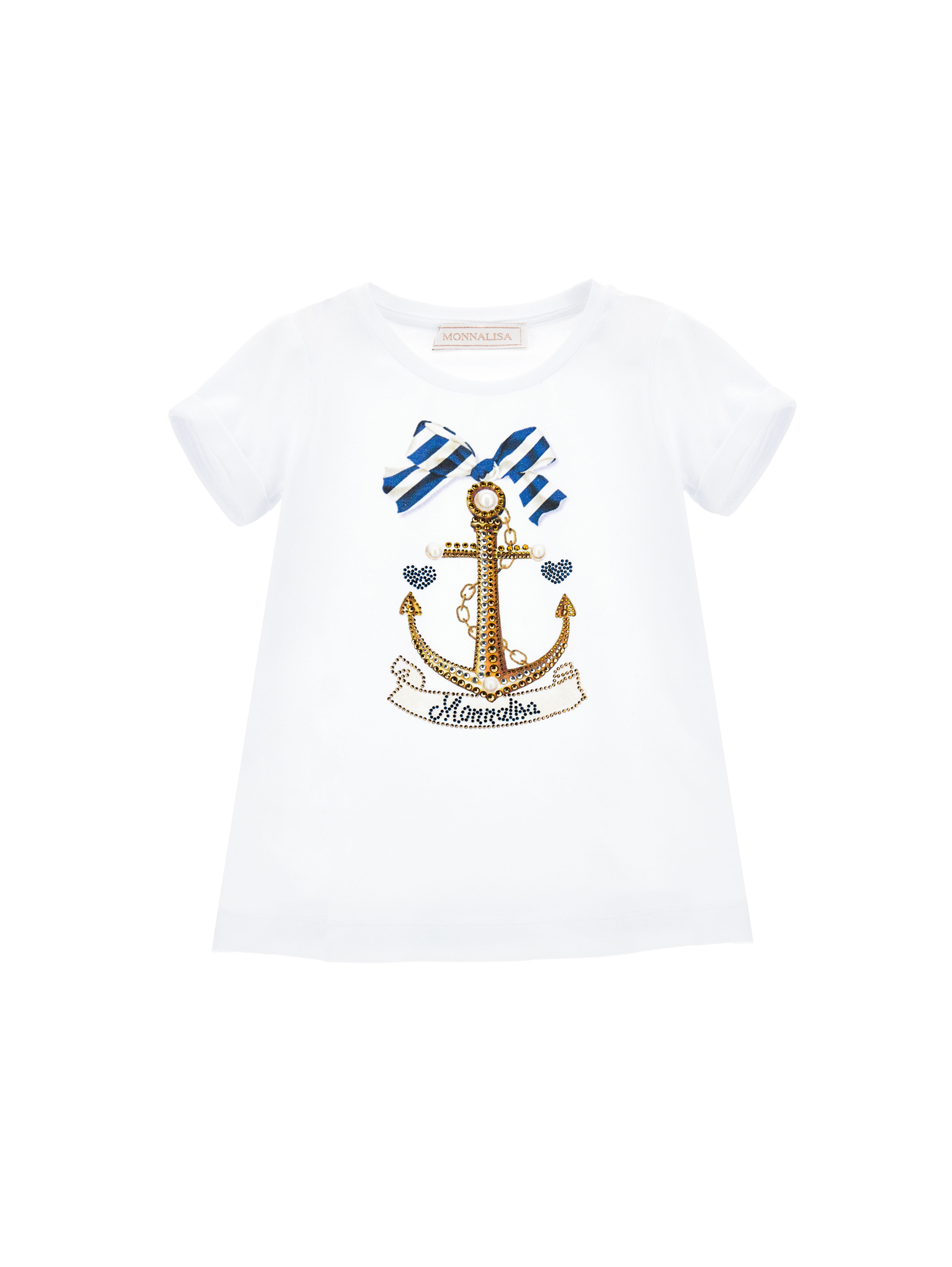 Monnalisa Kids'   Marinière Print T-shirt In Rhinestones And Pearls In White
