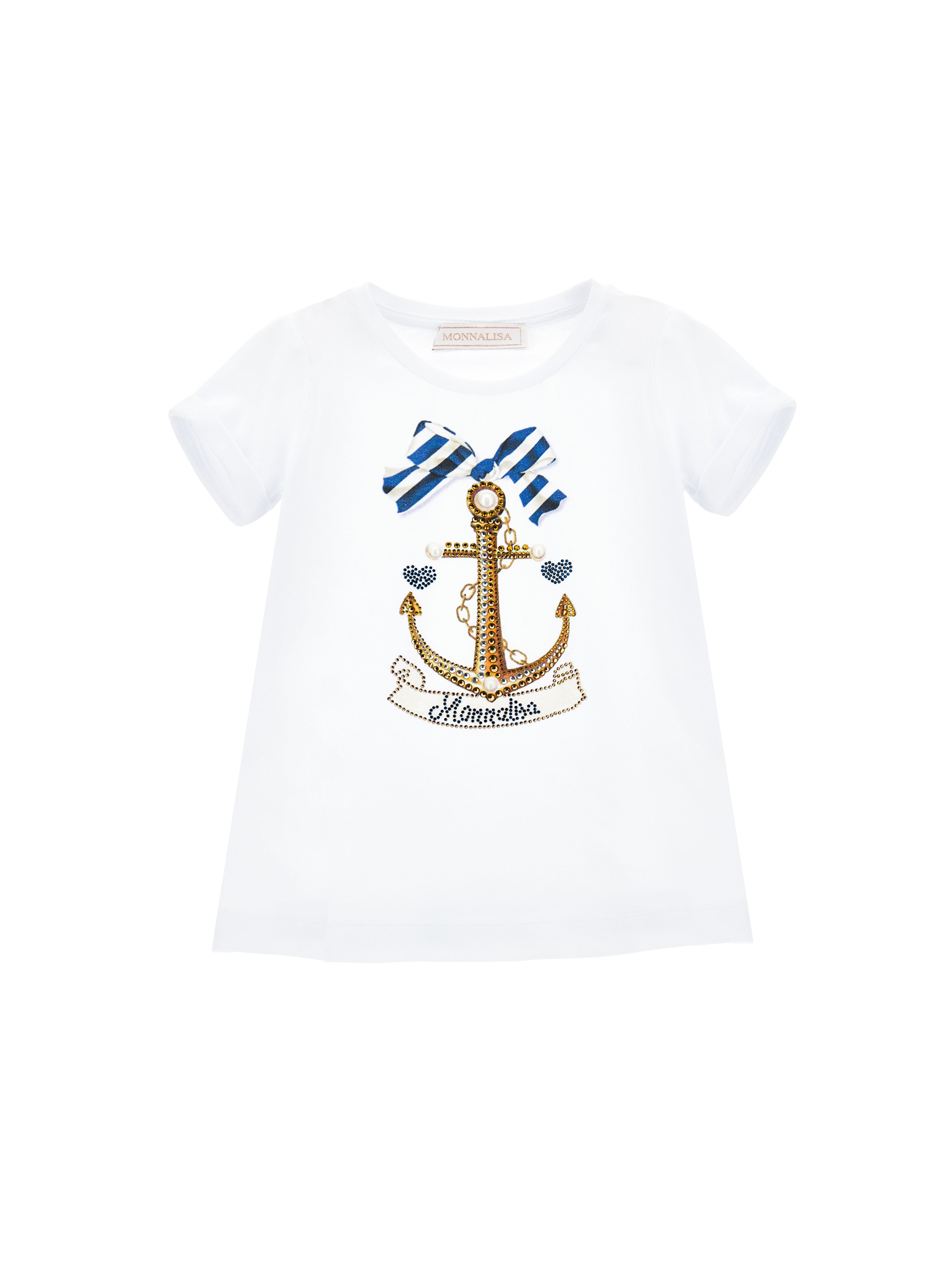 Monnalisa T-shirt stampa marinière in strass e perle