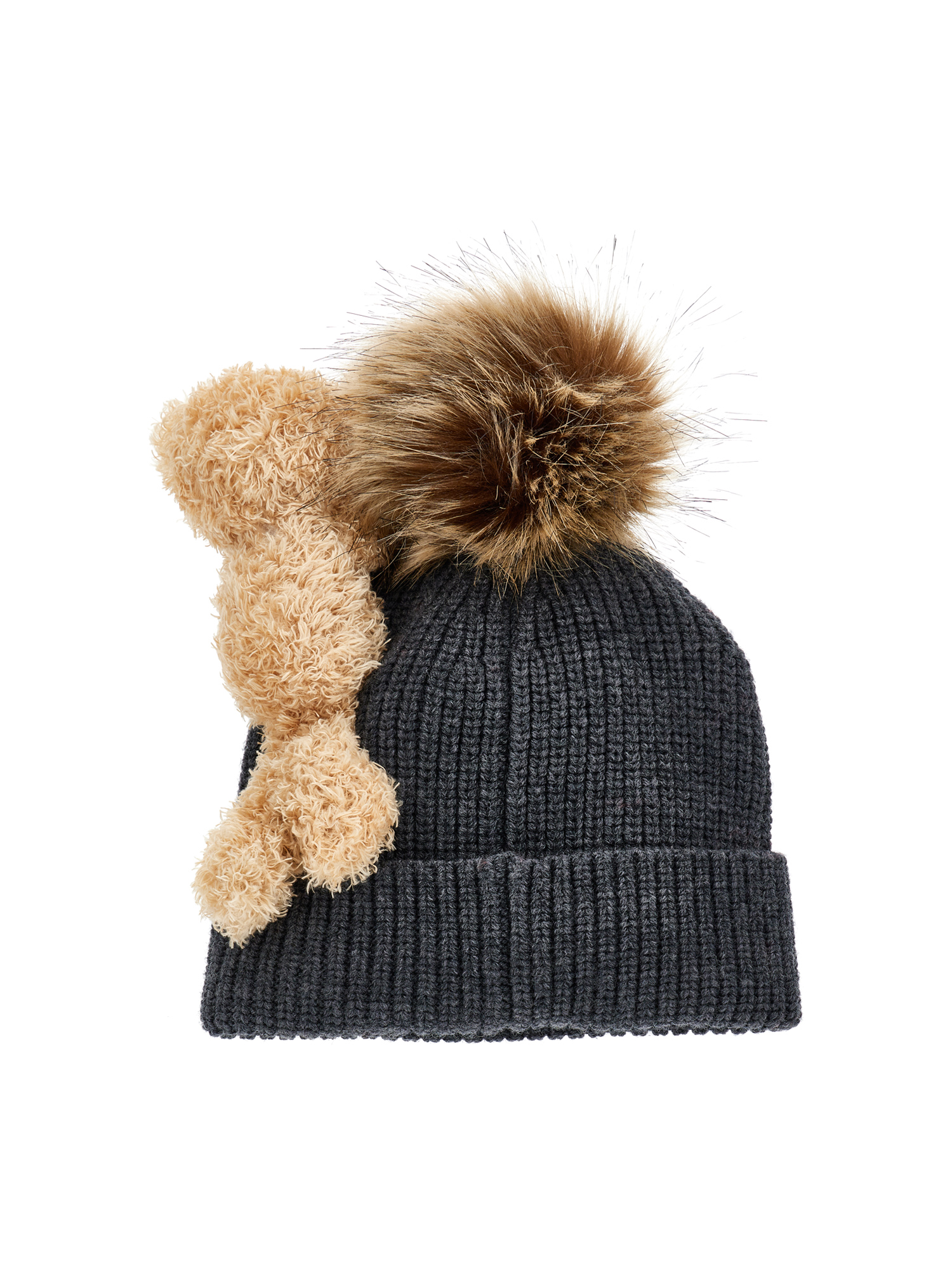 Monnalisa Knitted Hat With Pompom And Teddy Bear In Black
