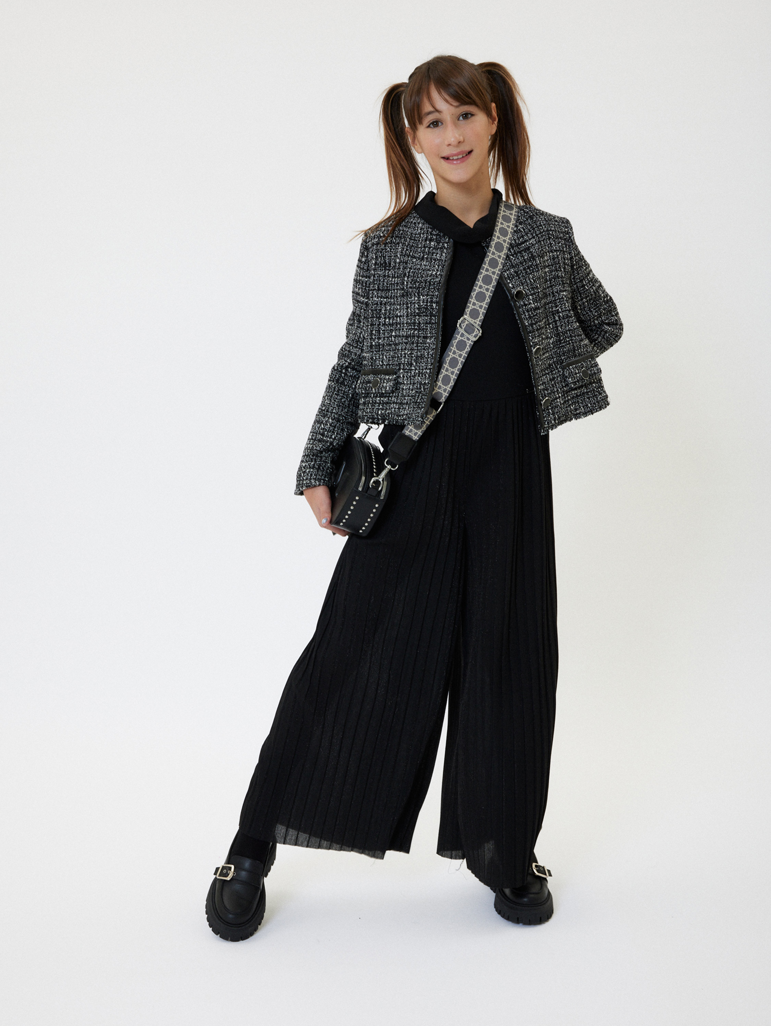 Shop Monnalisa Plissé Glitter Jumpsuit In Black
