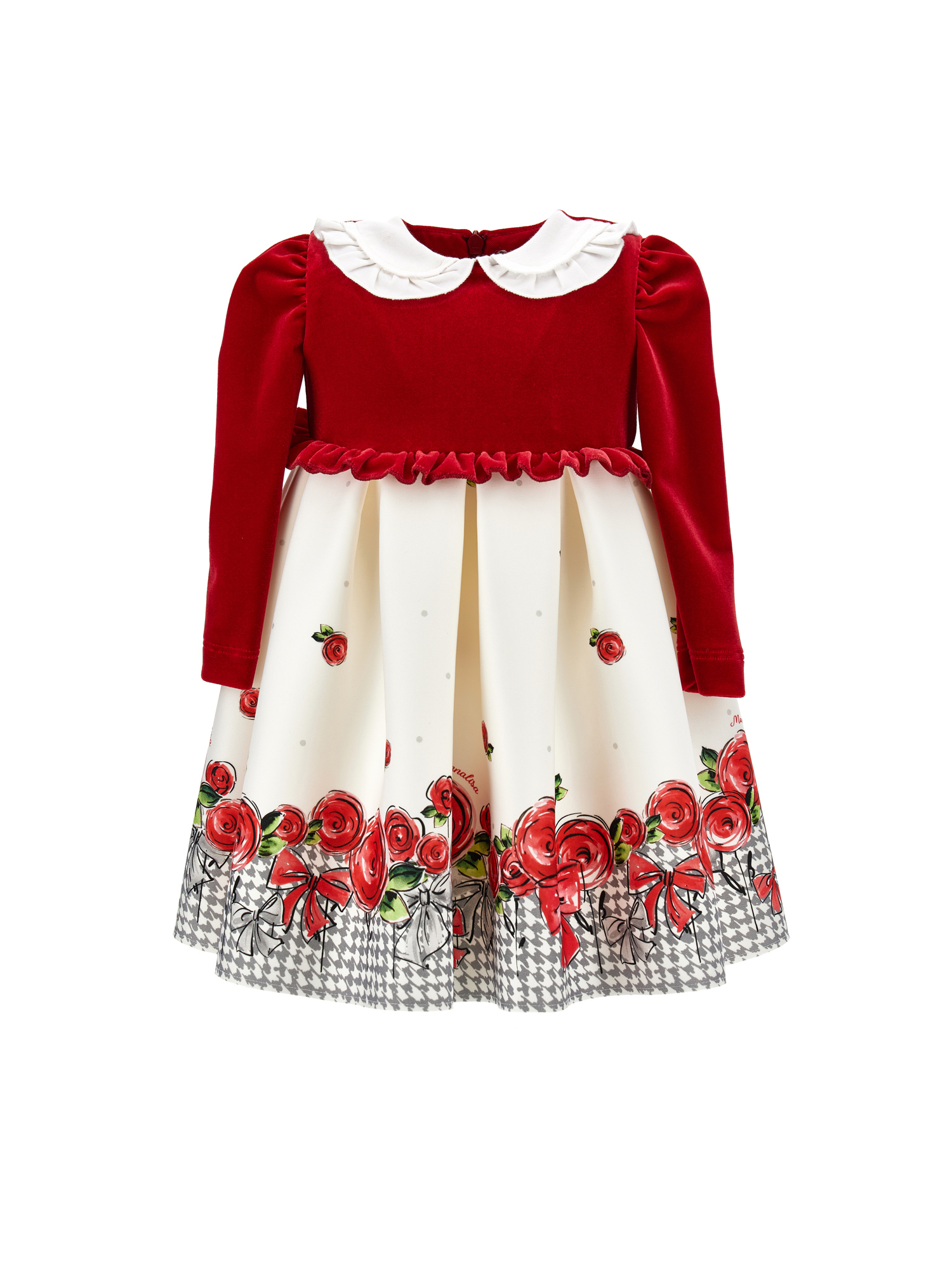 Shop Monnalisa Chenille Dress With Roses In Cream + Ruby Red