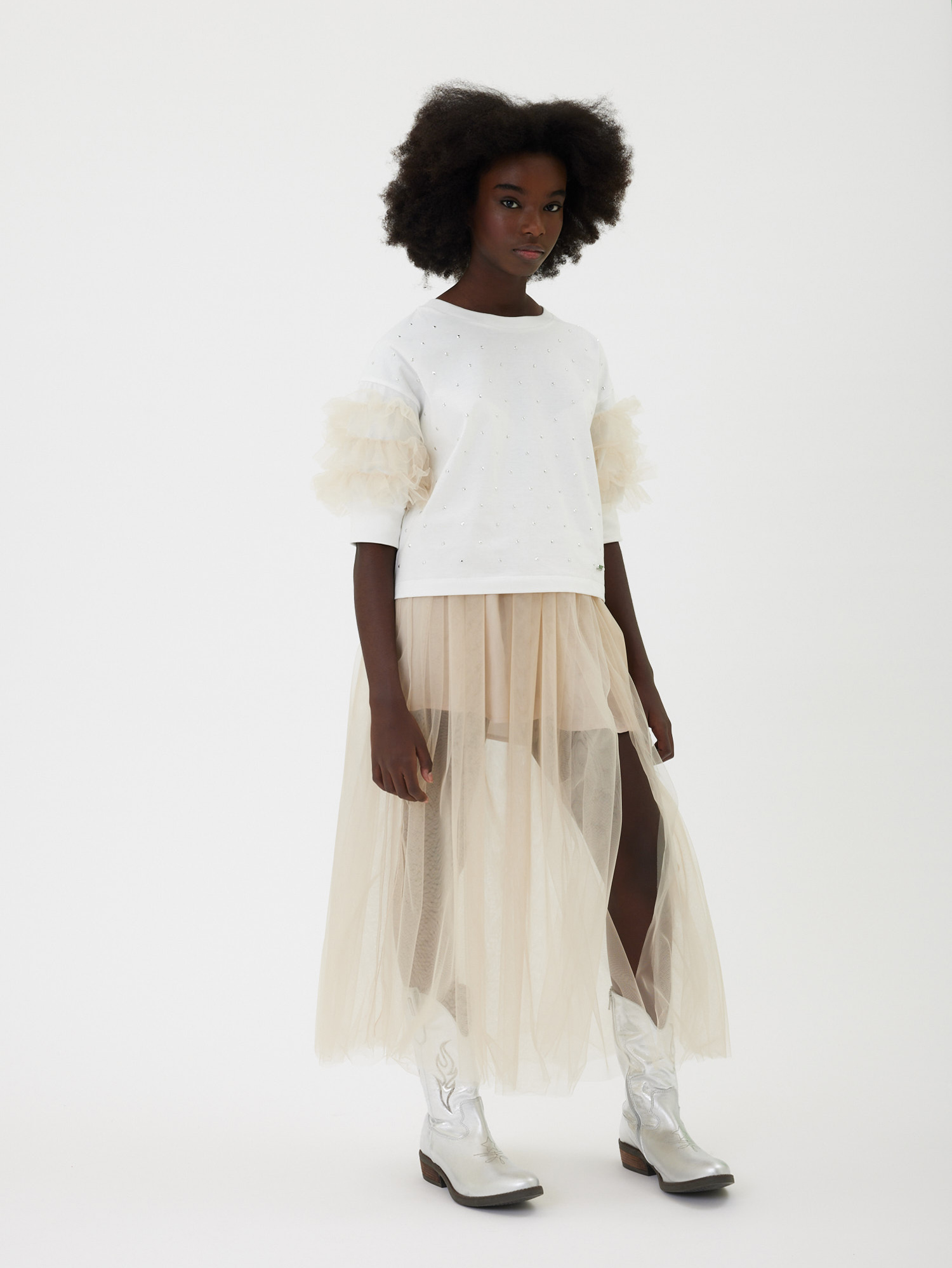 Monnalisa Rhinestone And Tulle Jersey Top In White