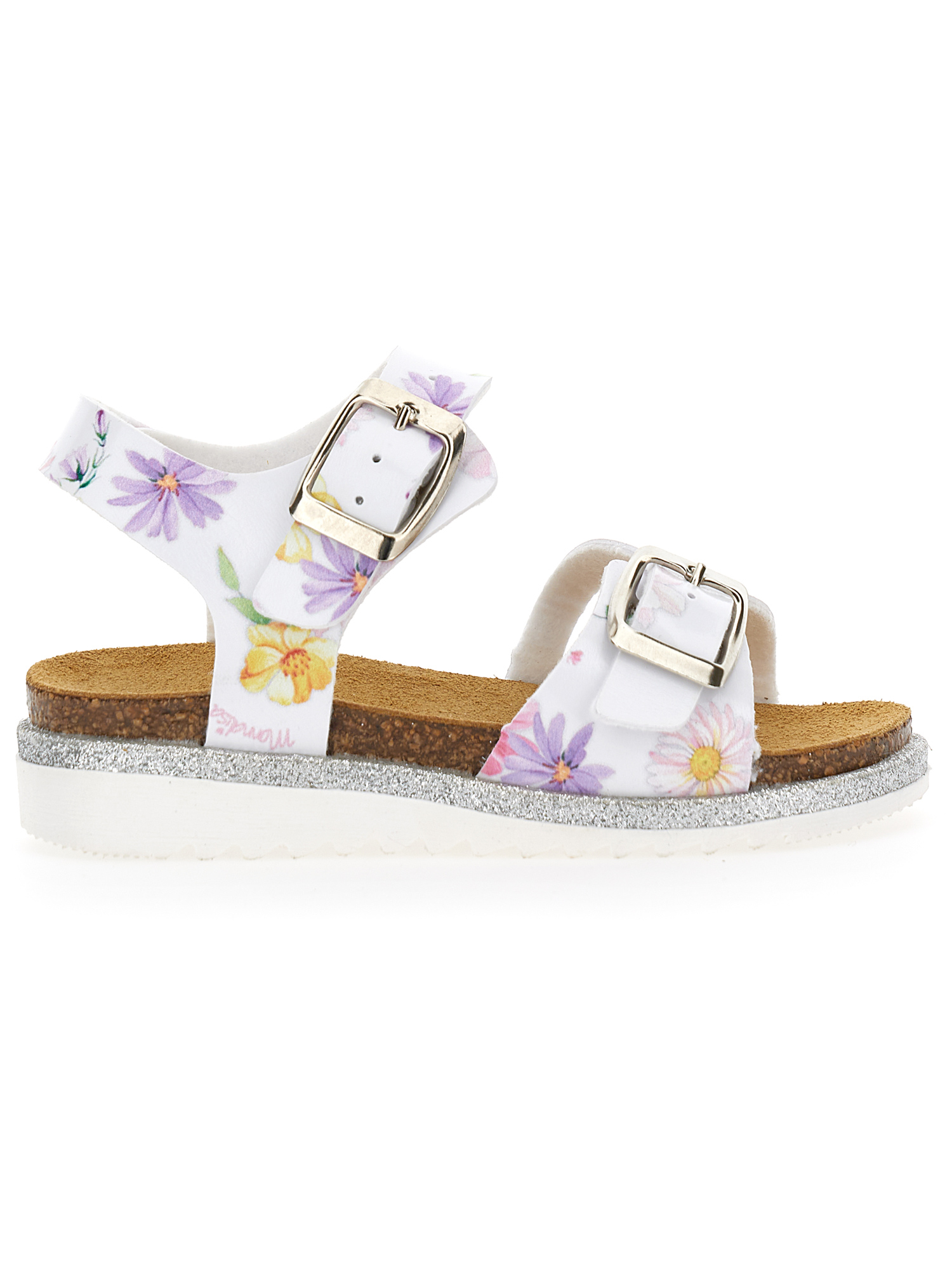 Monnalisa Flower Print Sandals In White + Multicolor