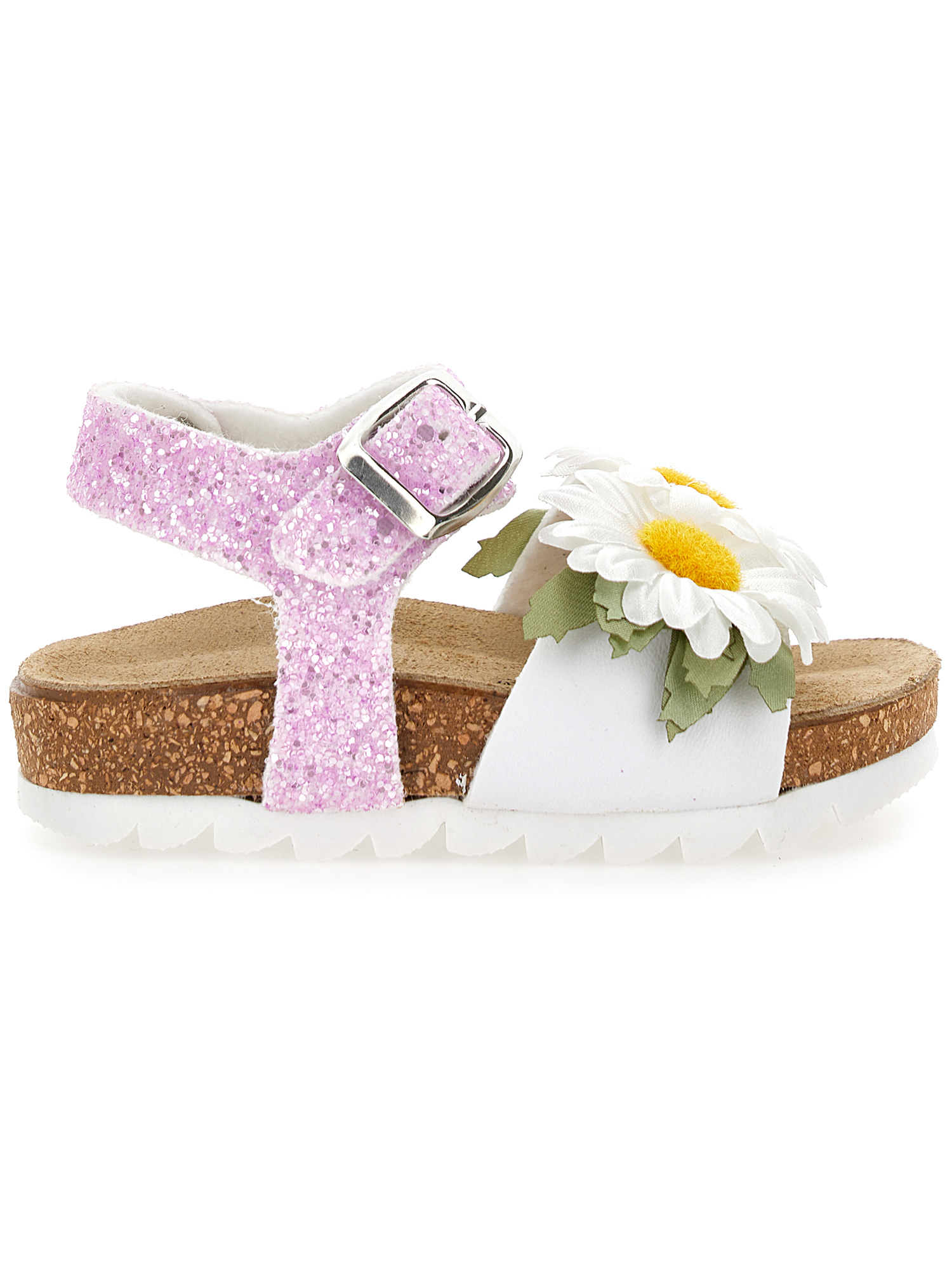 Monnalisa Glitter Sandals With Daisies In Wisteria  + White