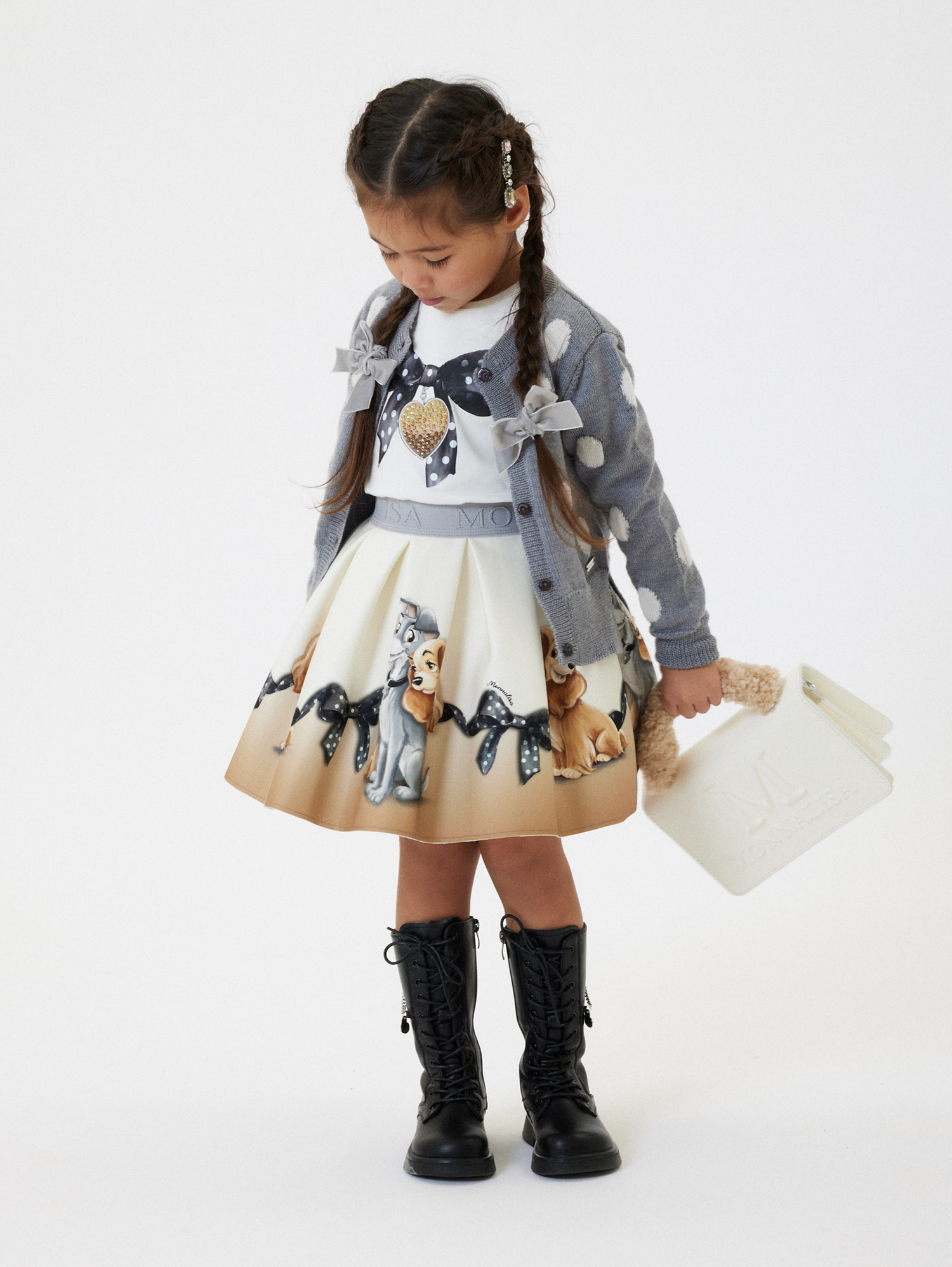 Monnalisa Lady And The Tramp Neoprene Skirt In Cream + Grey