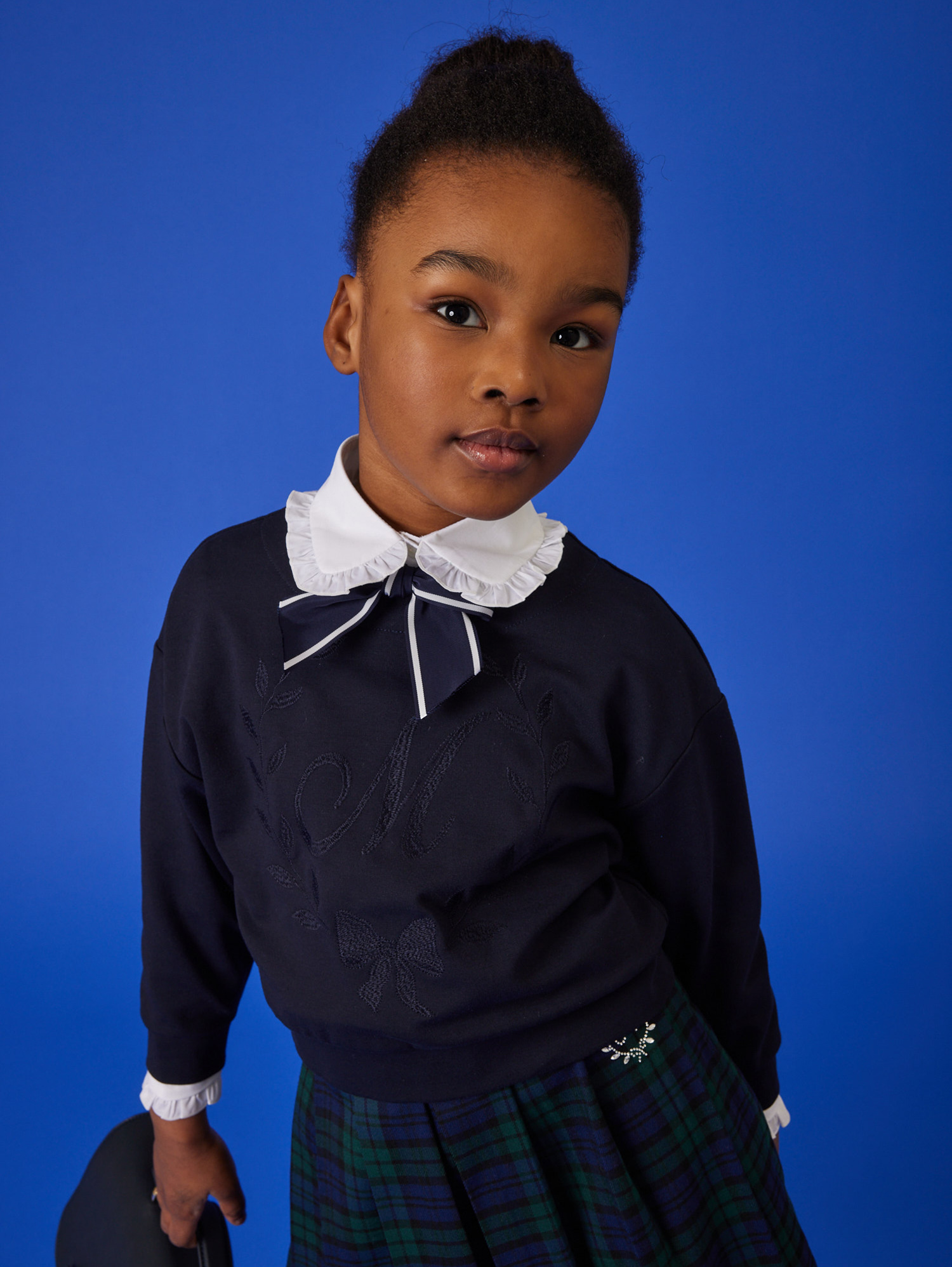 Monnalisa Stretch Shirt With Bow In White + Blue