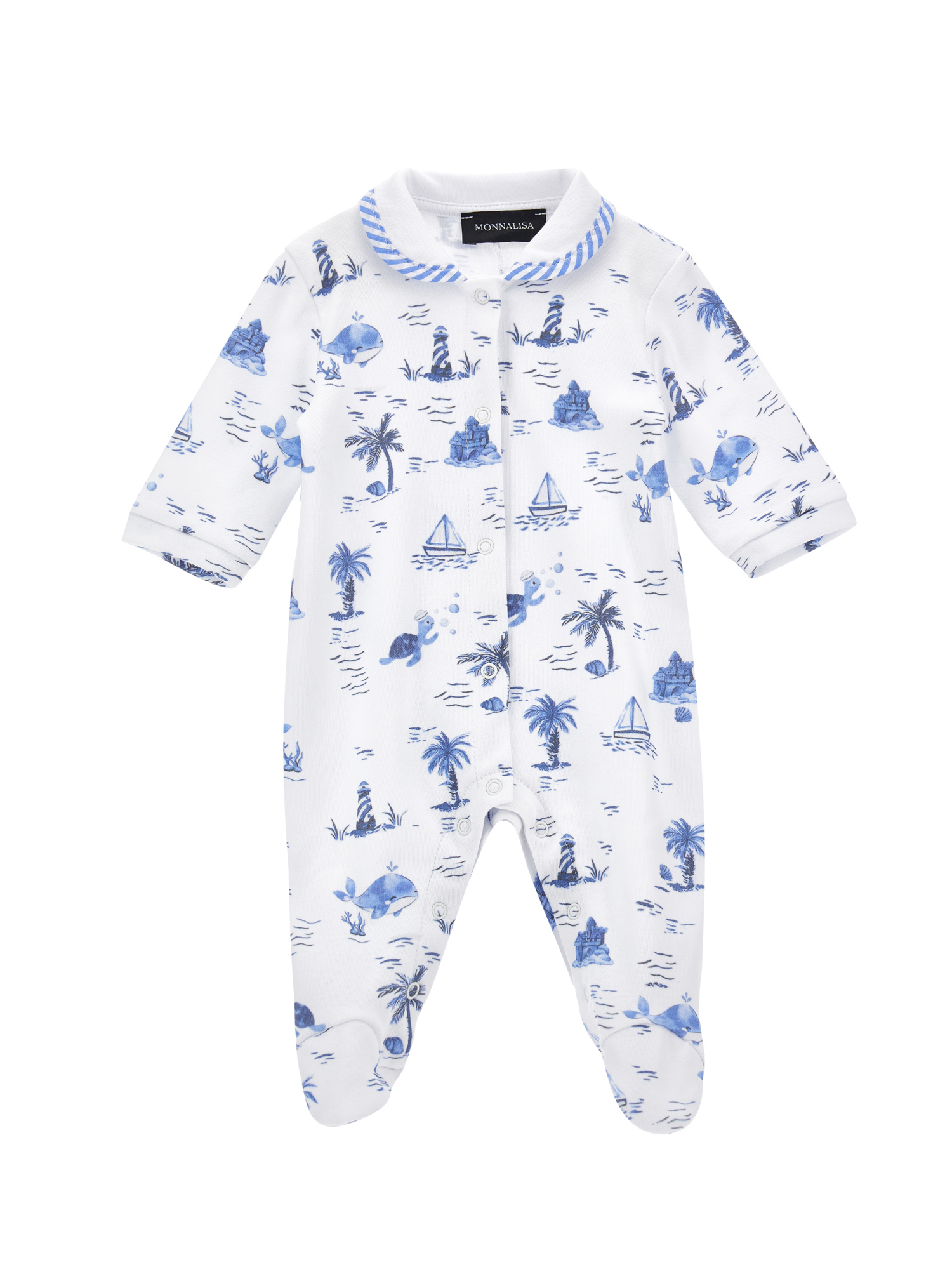 Monnalisa Babies'   Cotton Playsuit With Marine Print In White + Blue