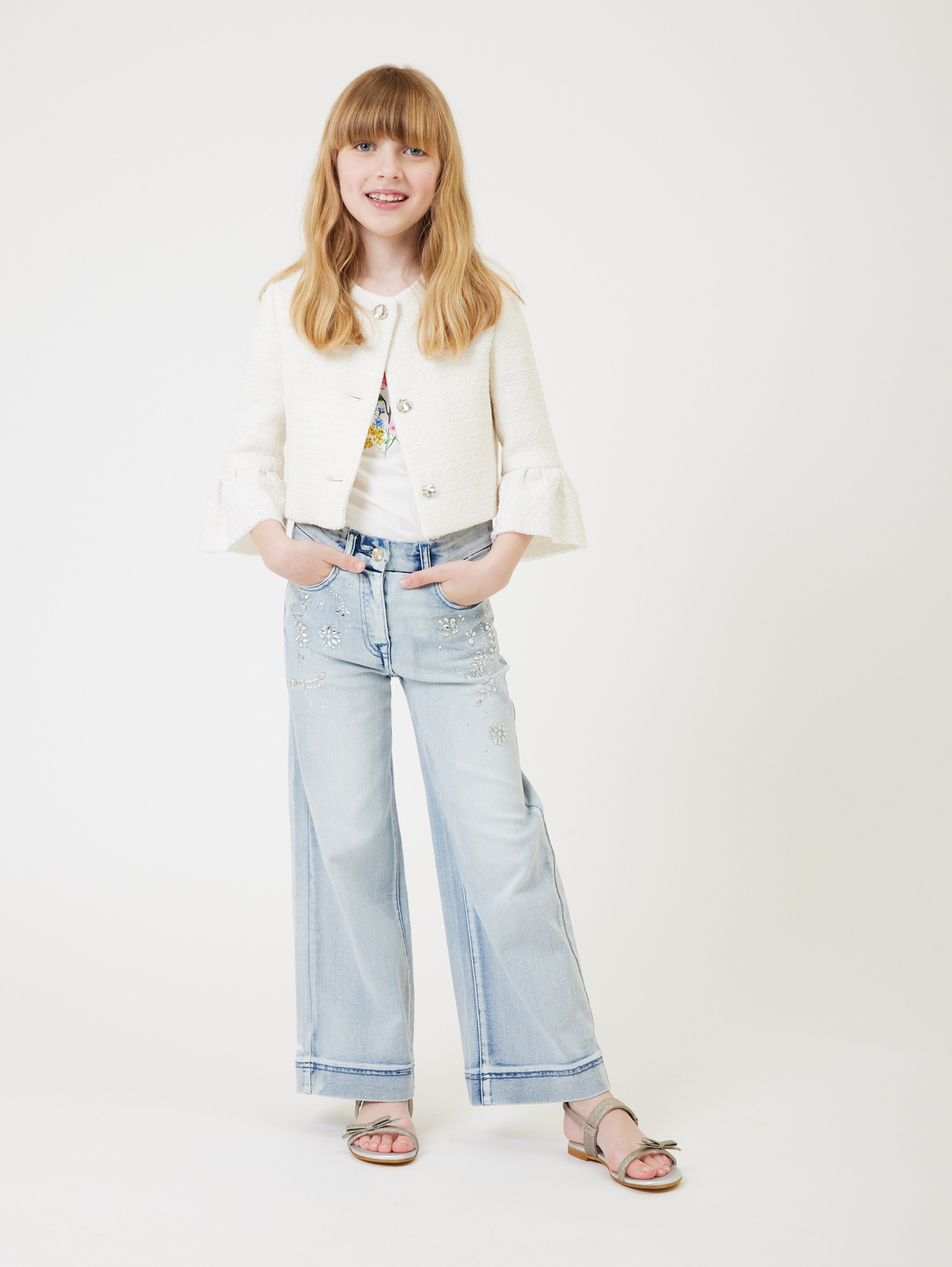 Monnalisa Jewel Five-pocket Jeans In Stone Bleach