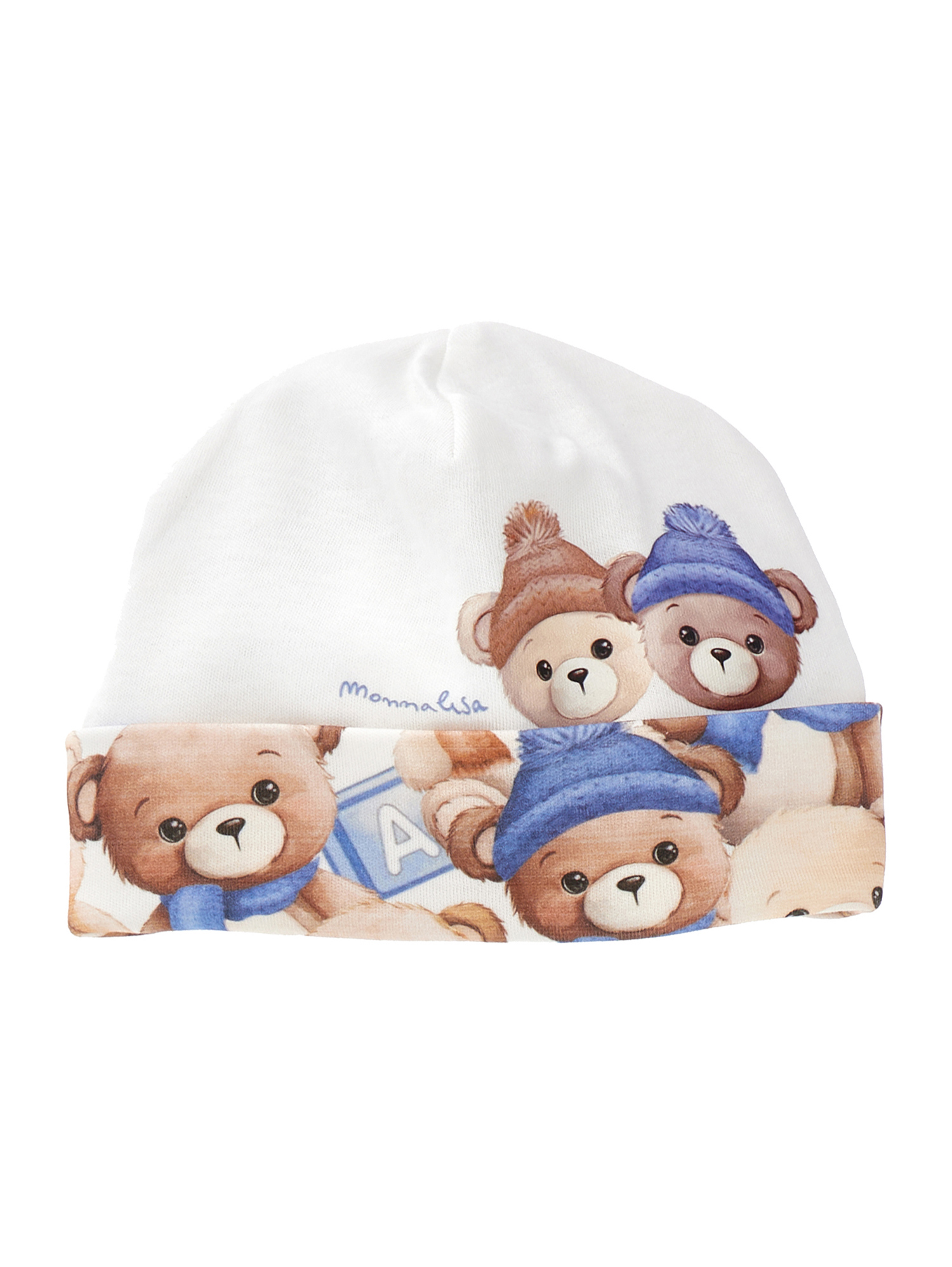 Monnalisa Cotton Teddy Bear Hat In Blue + Cream