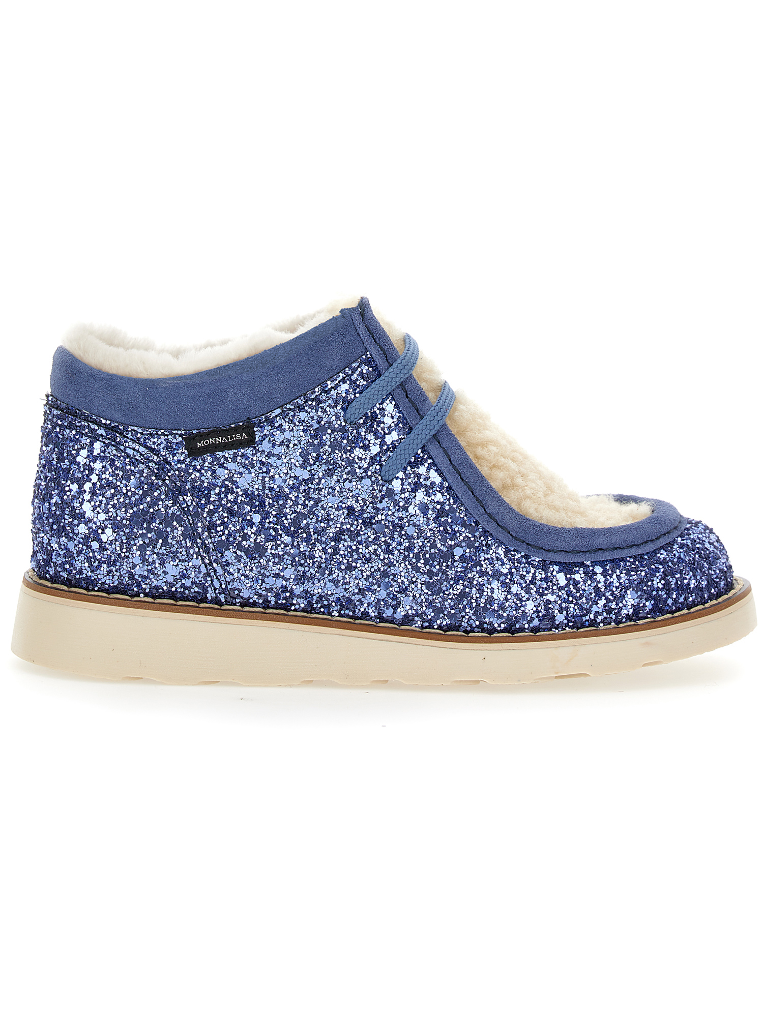 Monnalisa Sheepskin Rhinestone Lace-up Shoes In Blue