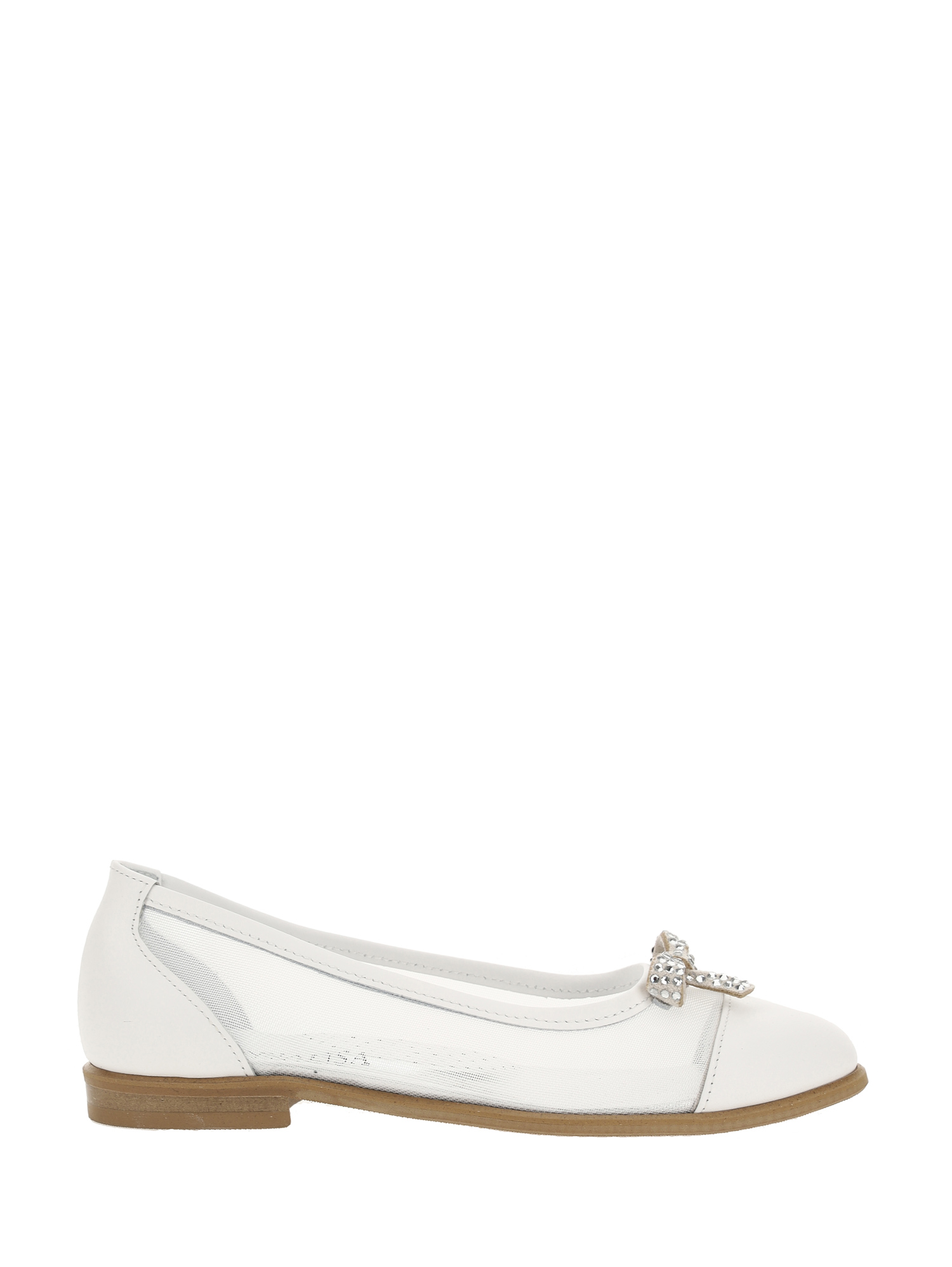 Monnalisa Leather Ballet Flats With Rhinestone Bow In Cream