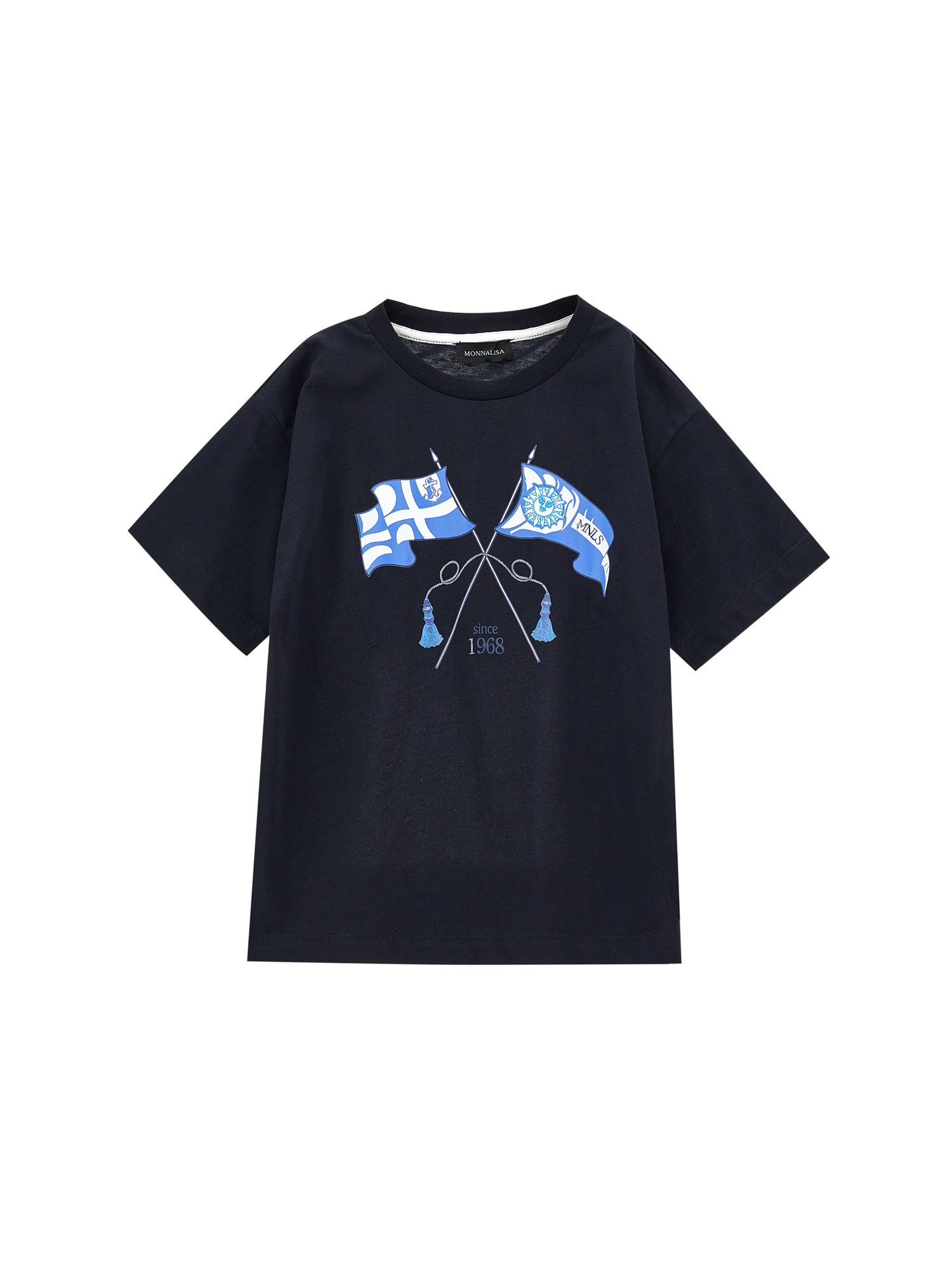 Monnalisa Cotton T-shirt With Nautical Flags Print In Dark Blue