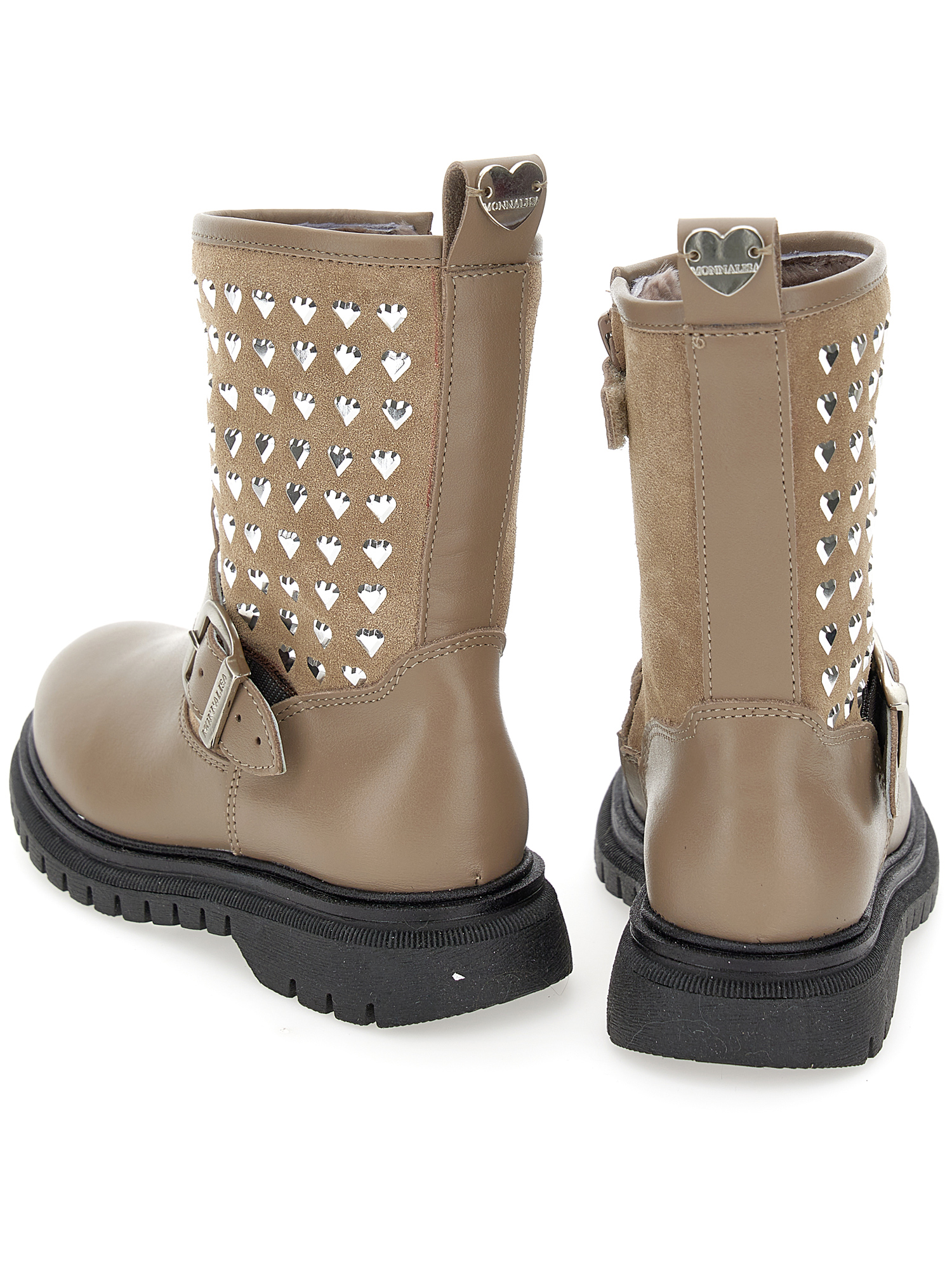 Monnalisa Leather Boots With Studs And Sheepskin In Dove Grey