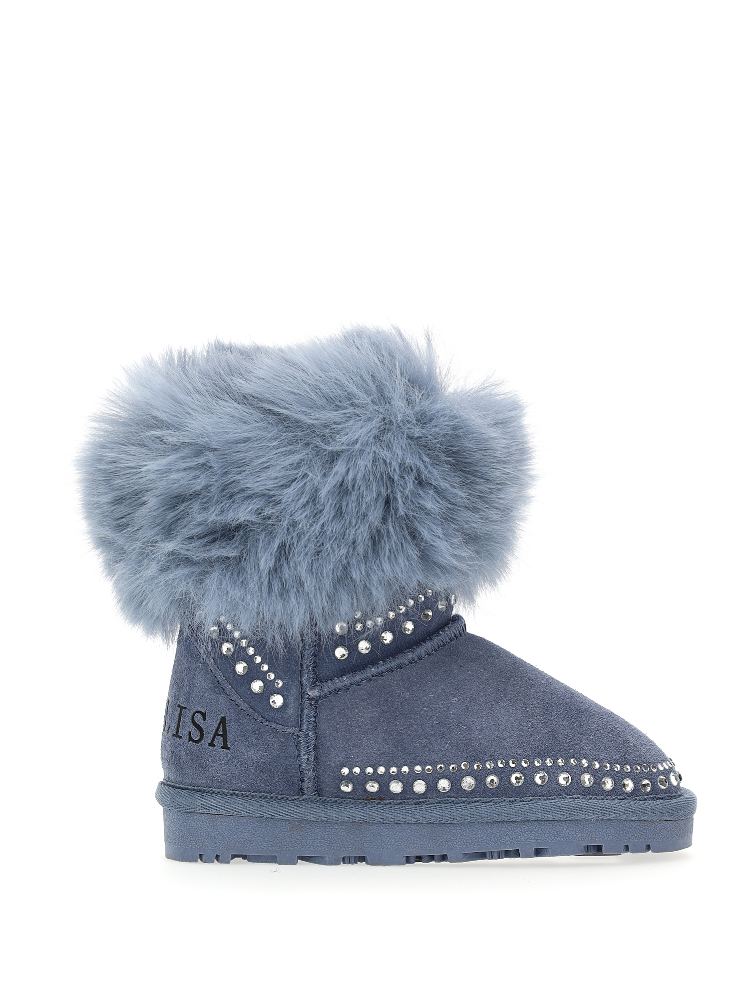 Monnalisa Crusted Leather Ankle Boots With Rhinestones In Steel Blue