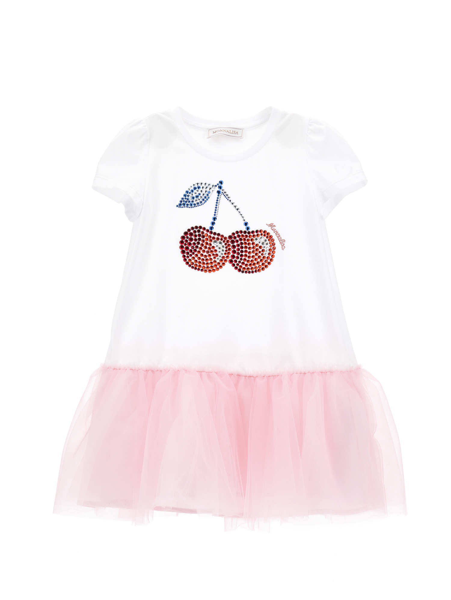 Monnalisa Babies'   Cotton Dress With Embroidered Cherries In White + Rosa Fairytale