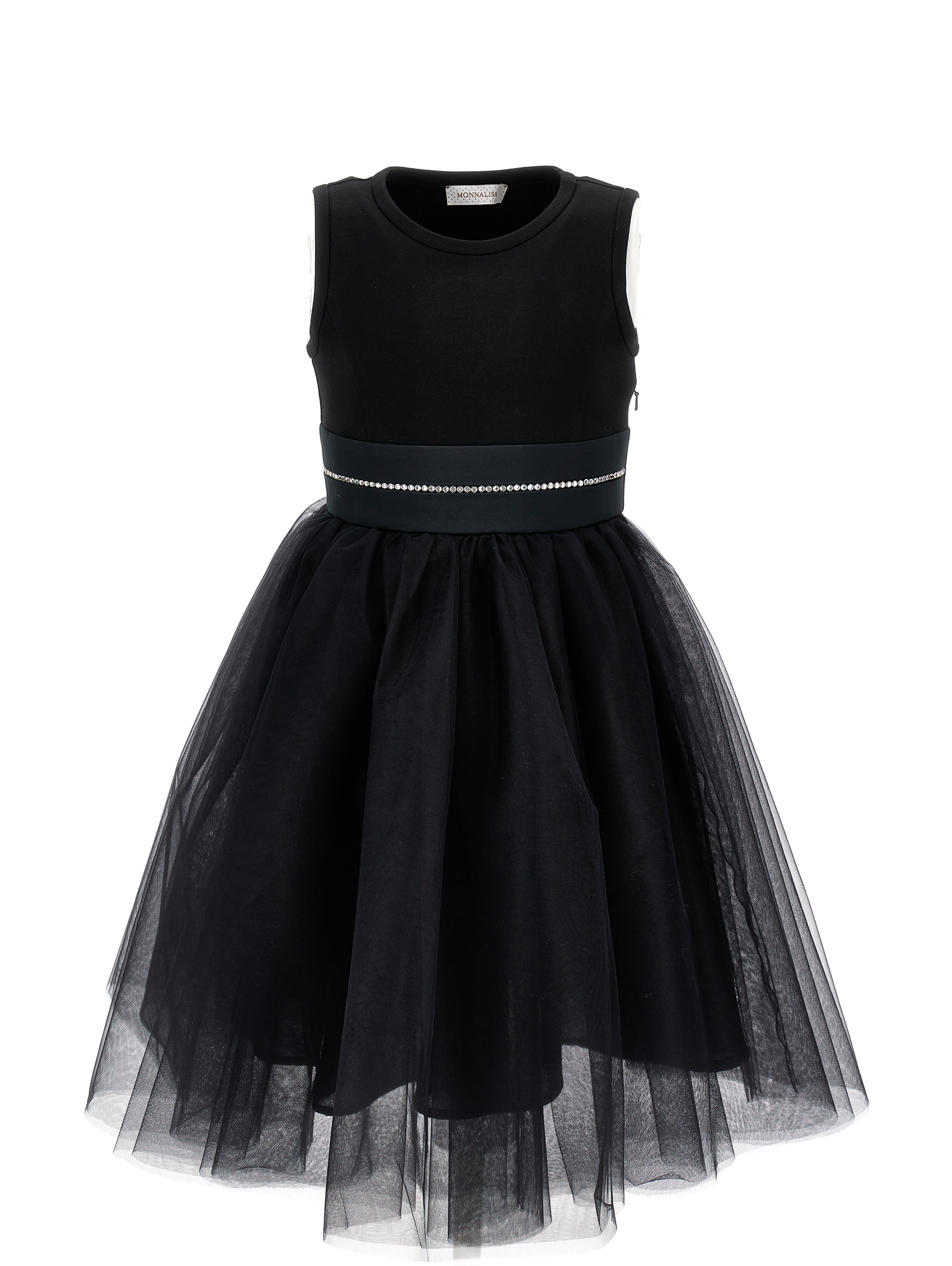 Monnalisa Silk-touch Tulle Dress With Fringing In Black