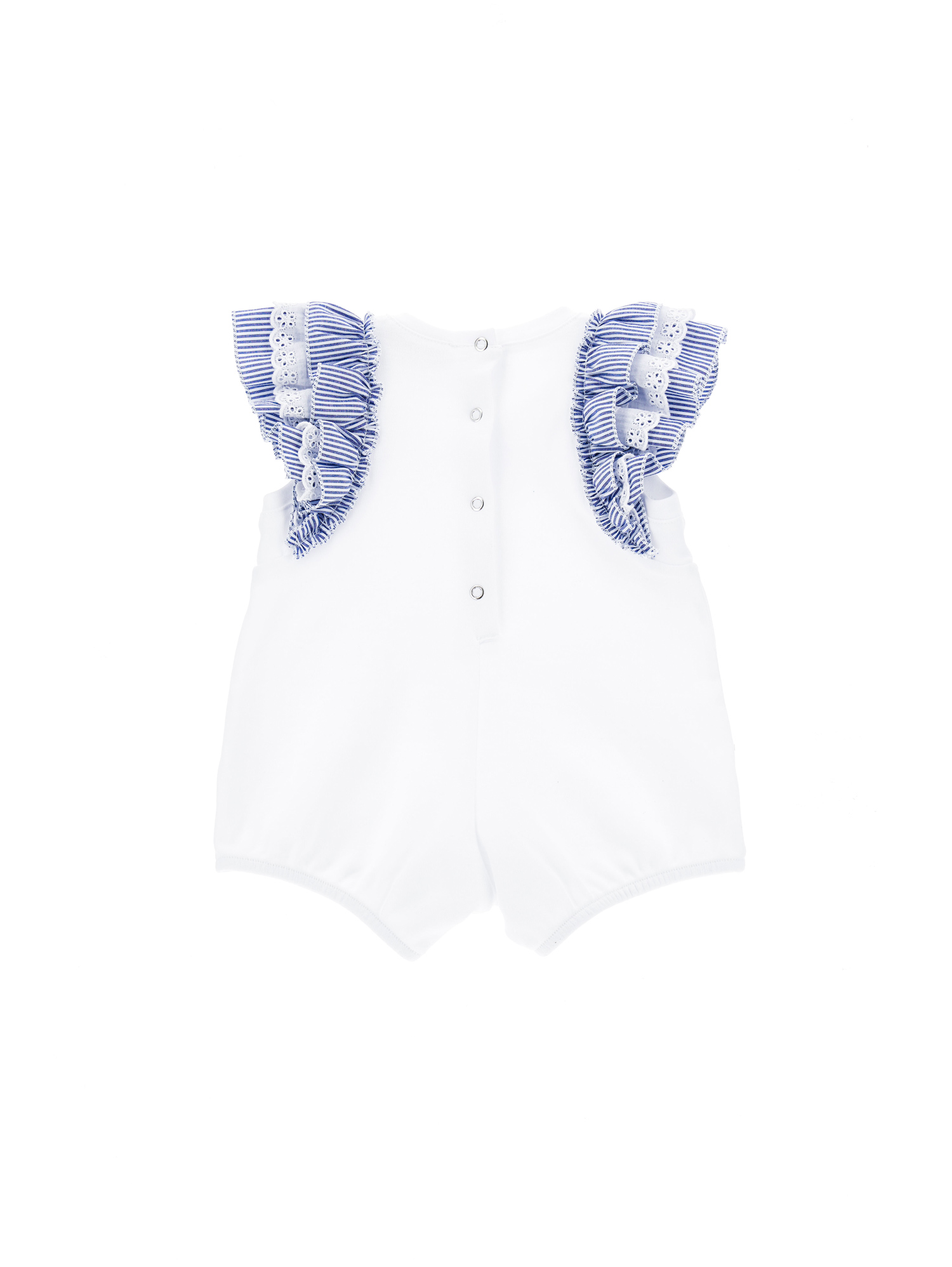 Shop Monnalisa Minnie Mouse Romper With Ruffles In White + Blue